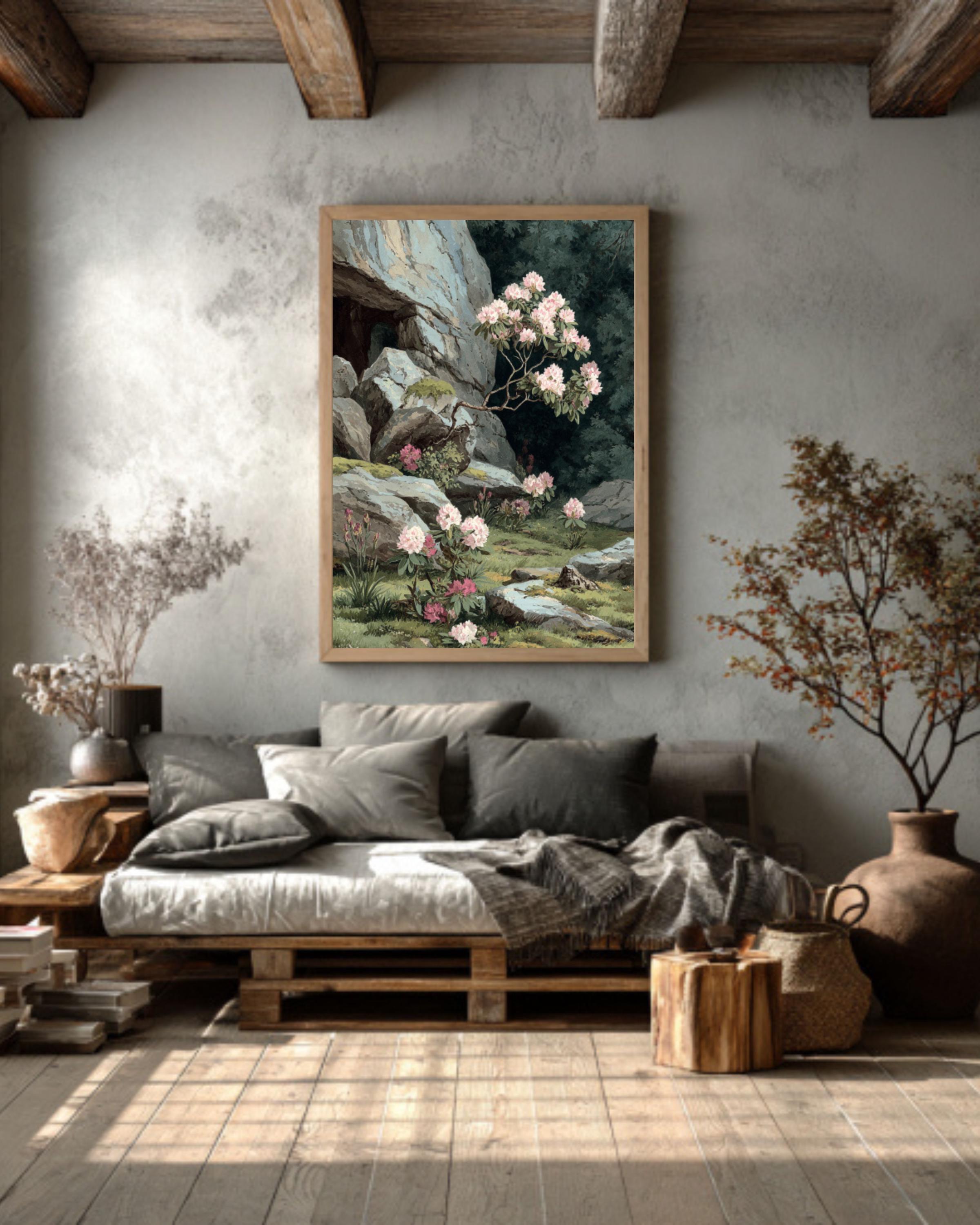 Alpine Rhododendron Painting  Botanical Pastel Watercolor Art, Framed Print