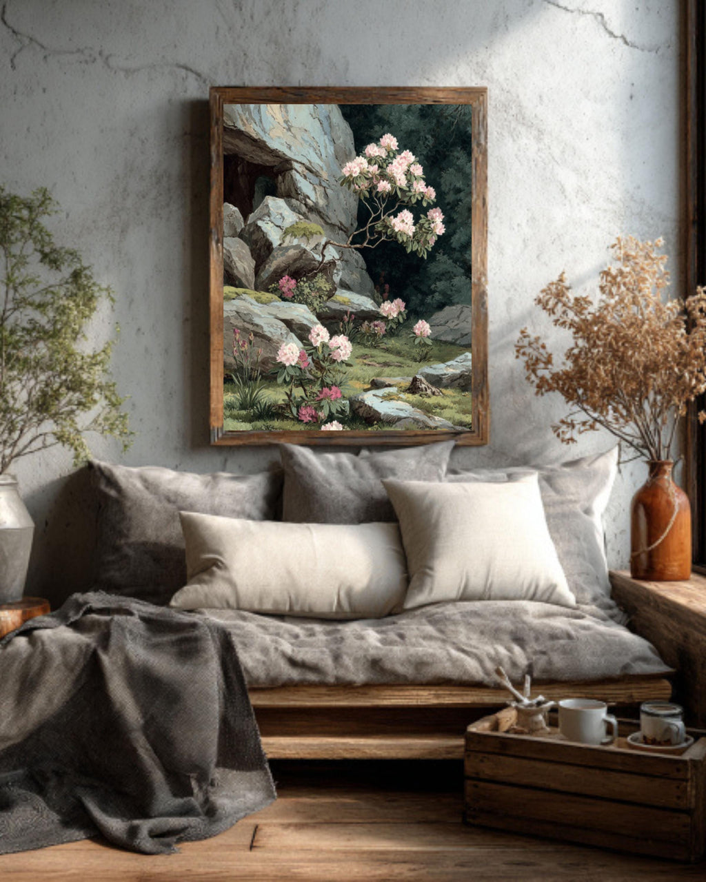 Alpine Rhododendron Painting  Botanical Pastel Watercolor Art, Framed Print