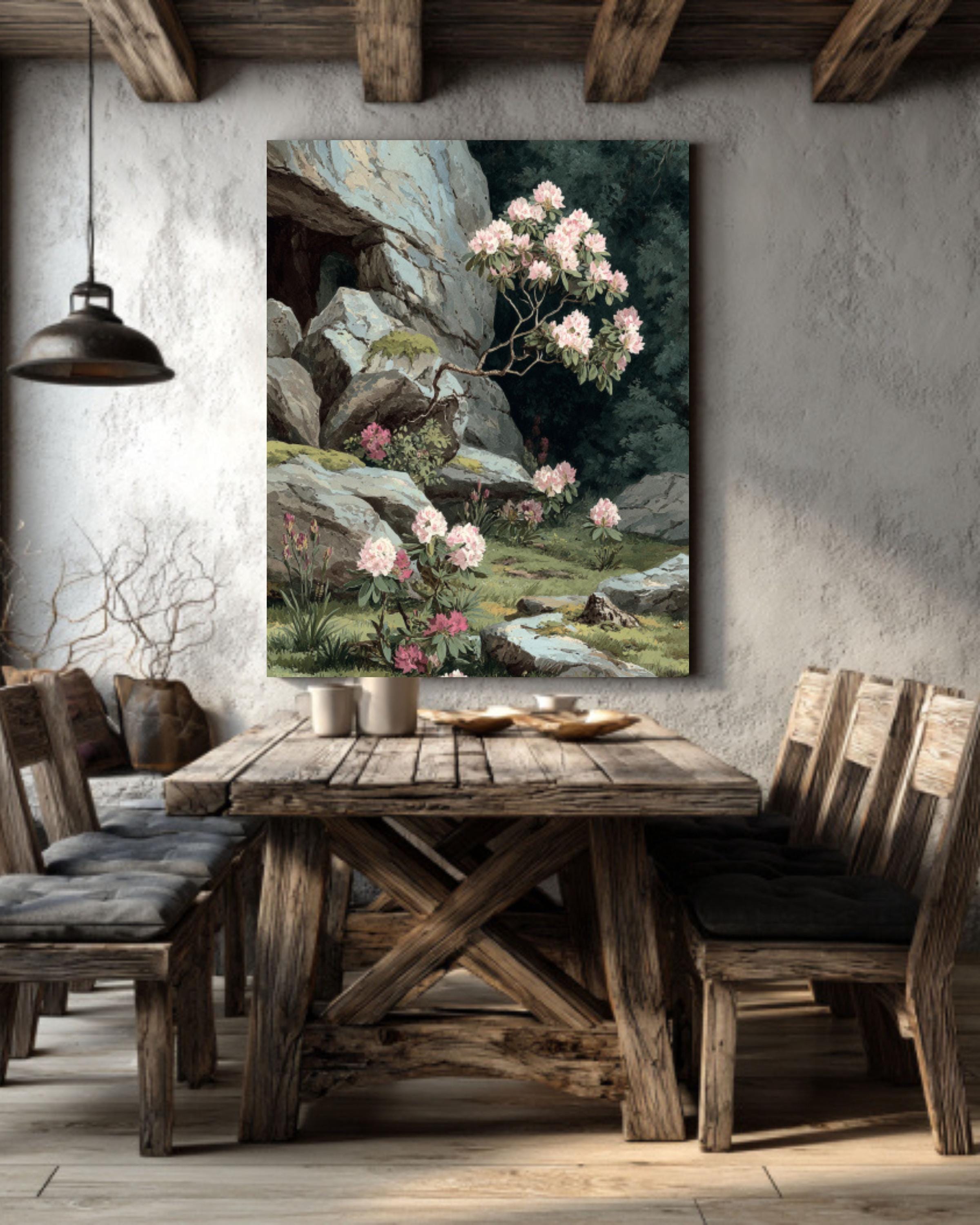 Alpine Rhododendron Painting  Botanical Pastel Watercolor Art, Framed Print