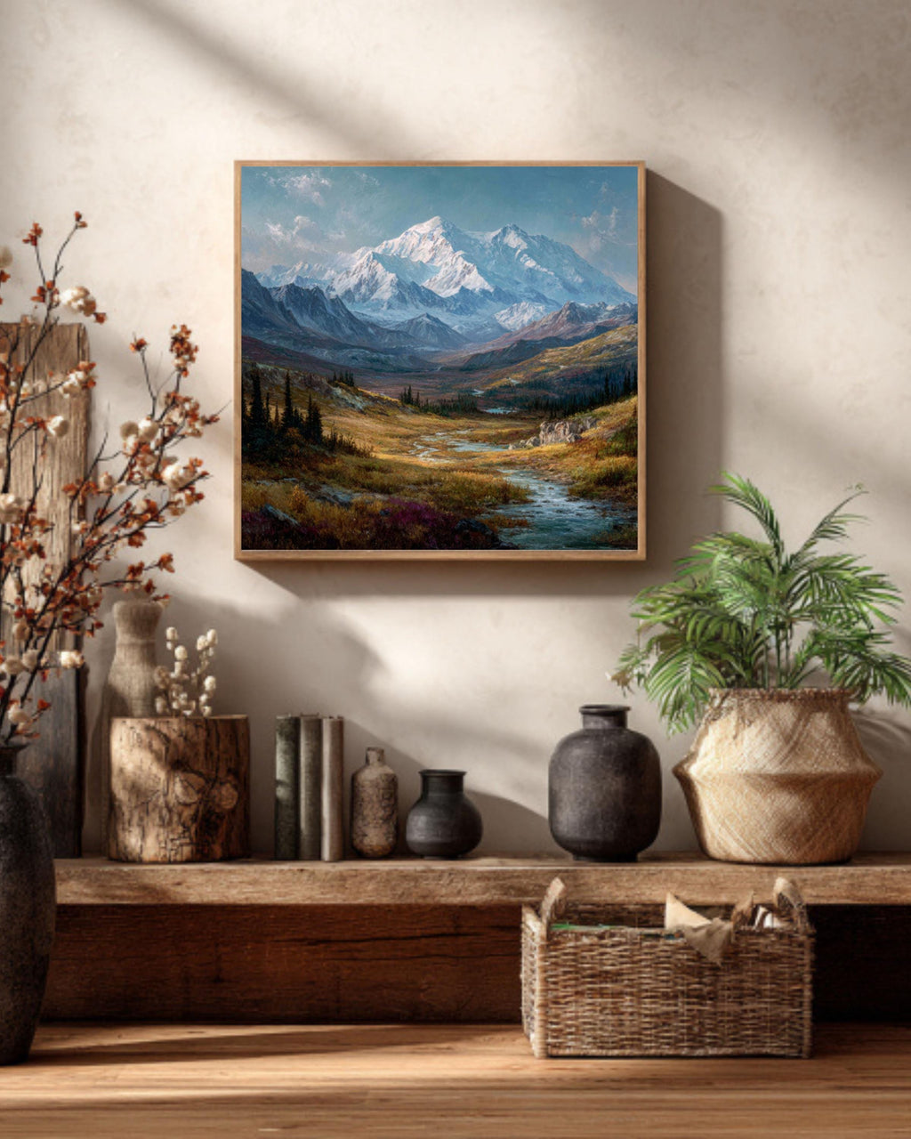 Alaskan Mountain Landscape Painting  Oil & Watercolor Canvas Wall Art