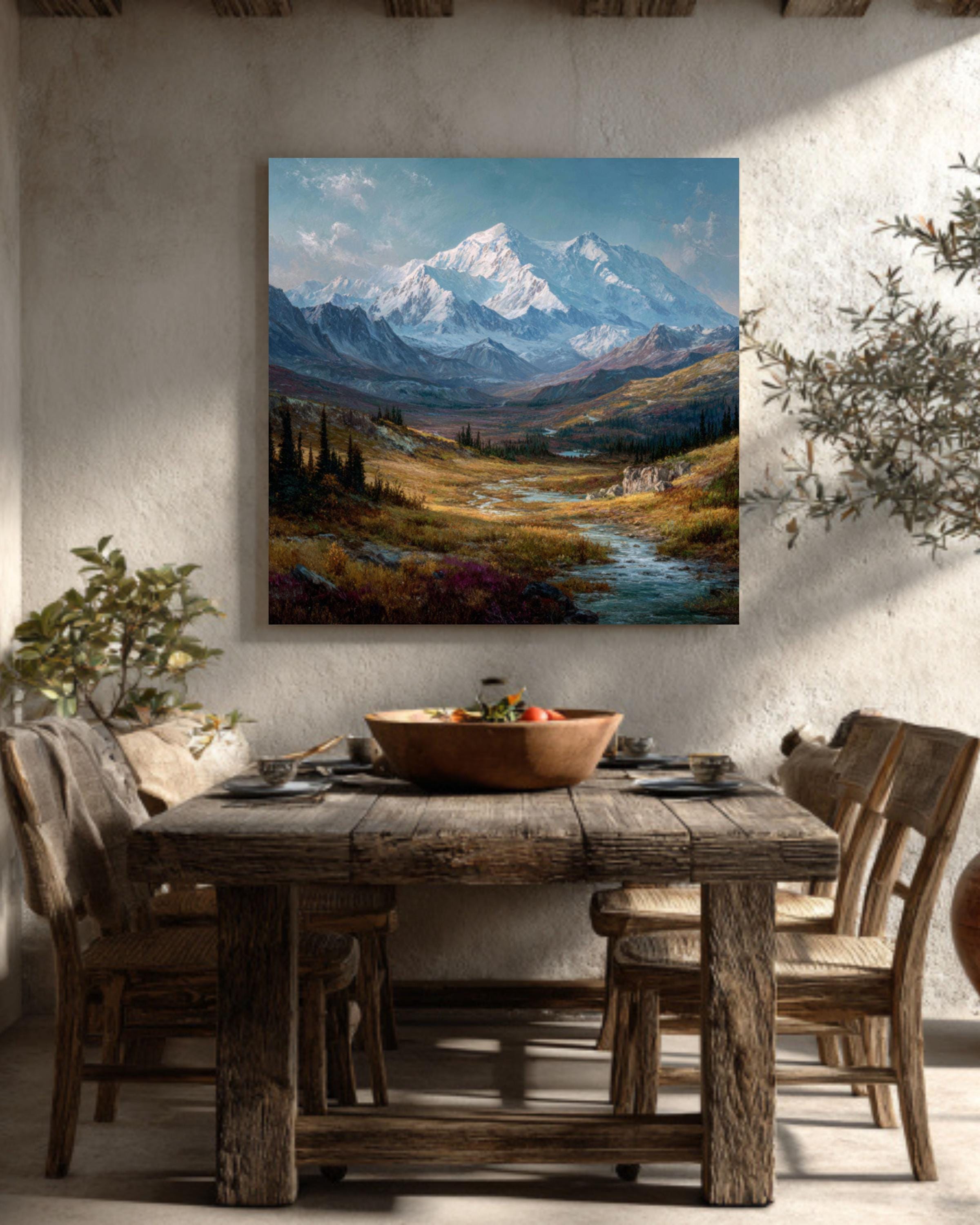 Alaskan Mountain Landscape Painting  Oil & Watercolor Canvas Wall Art