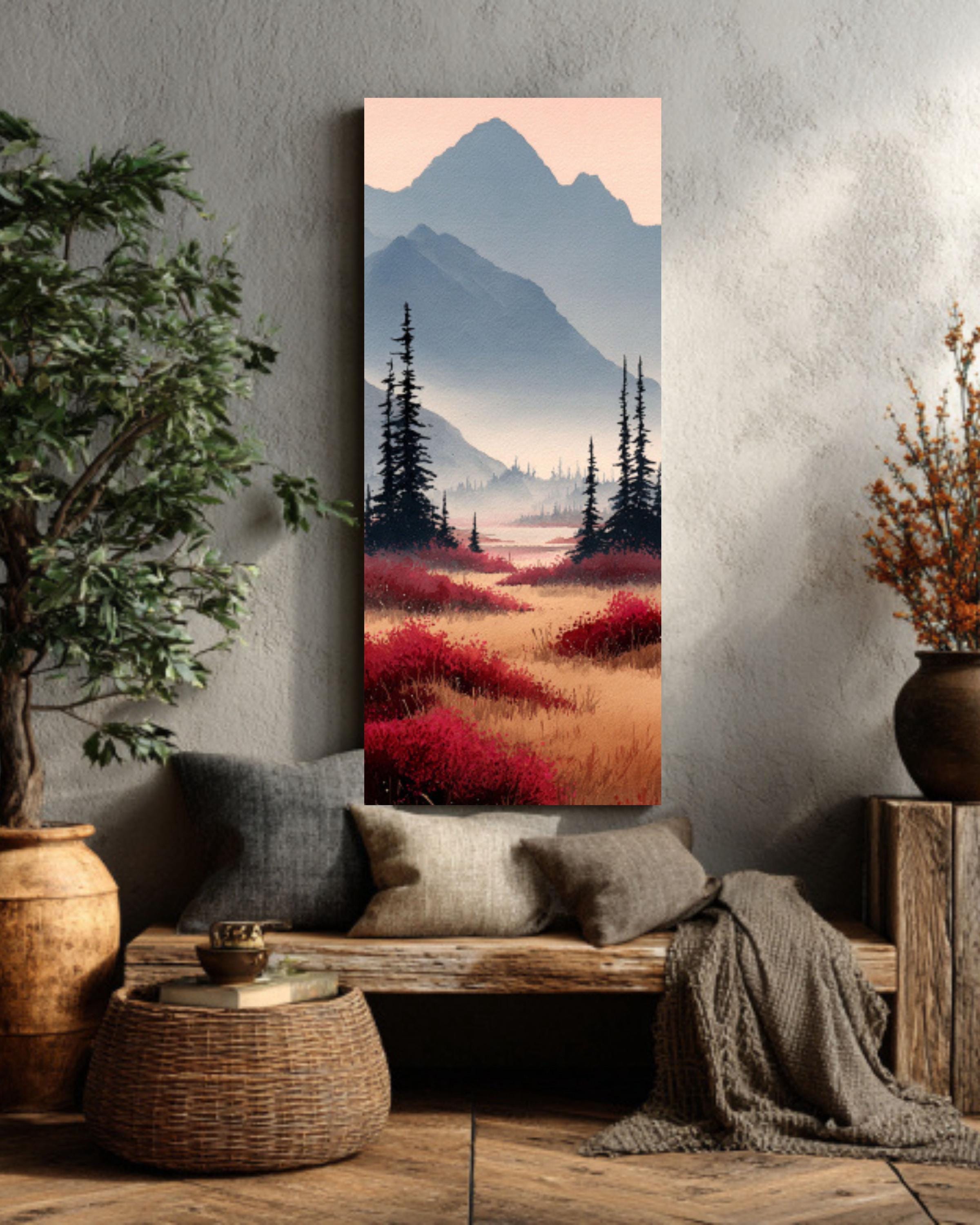 Alaskan Autumn Watercolor Canvas Art  Serene Mountain Landscape