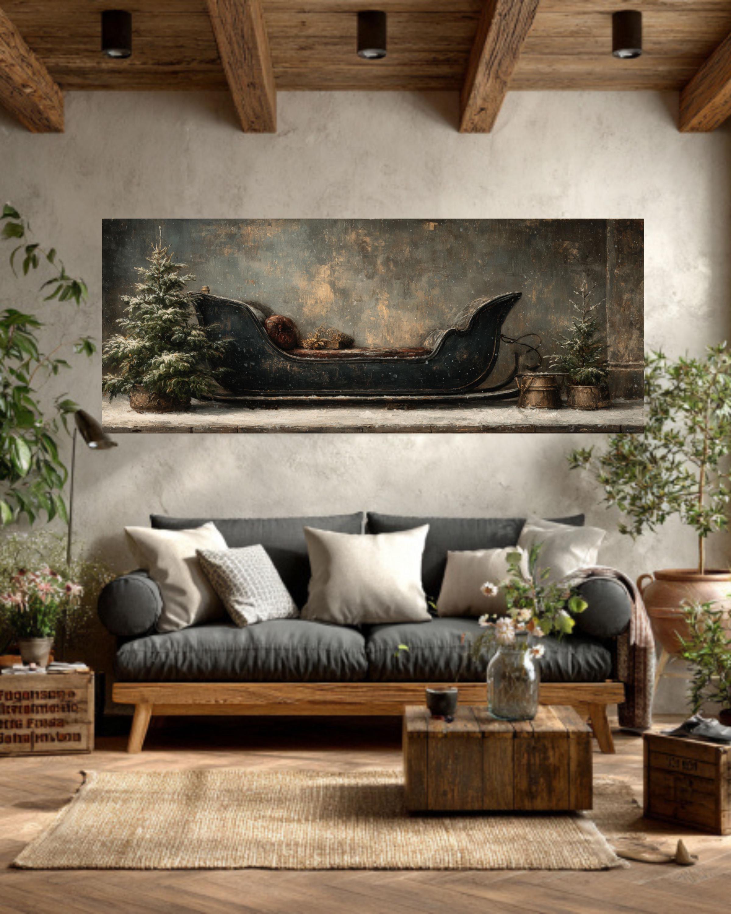 Vintage Sleigh Canvas Art  Rustic Christmas Tree Oil Painting
