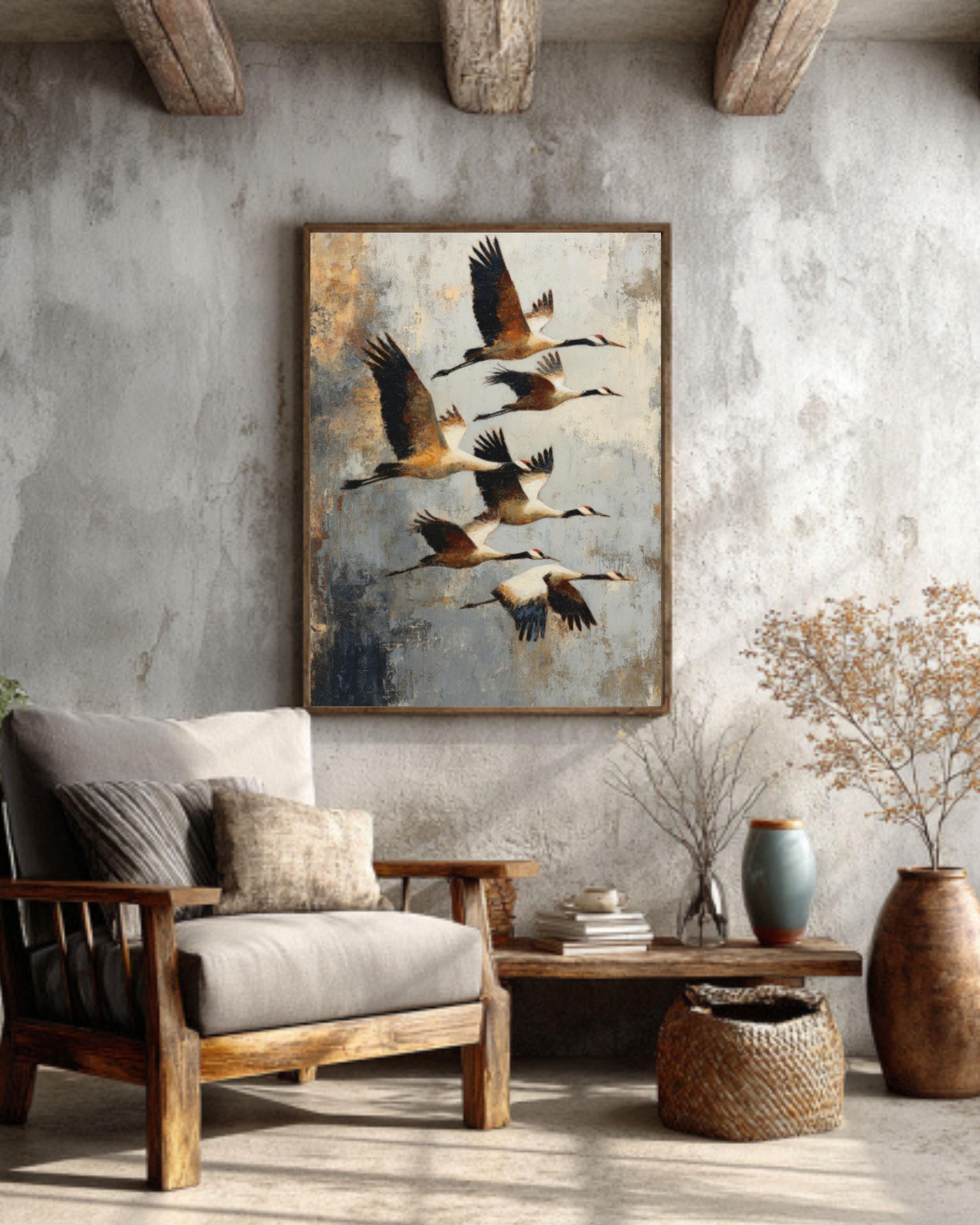 Abstract Birds in Flight Canvas Art  Earth Tone Rustic Decor