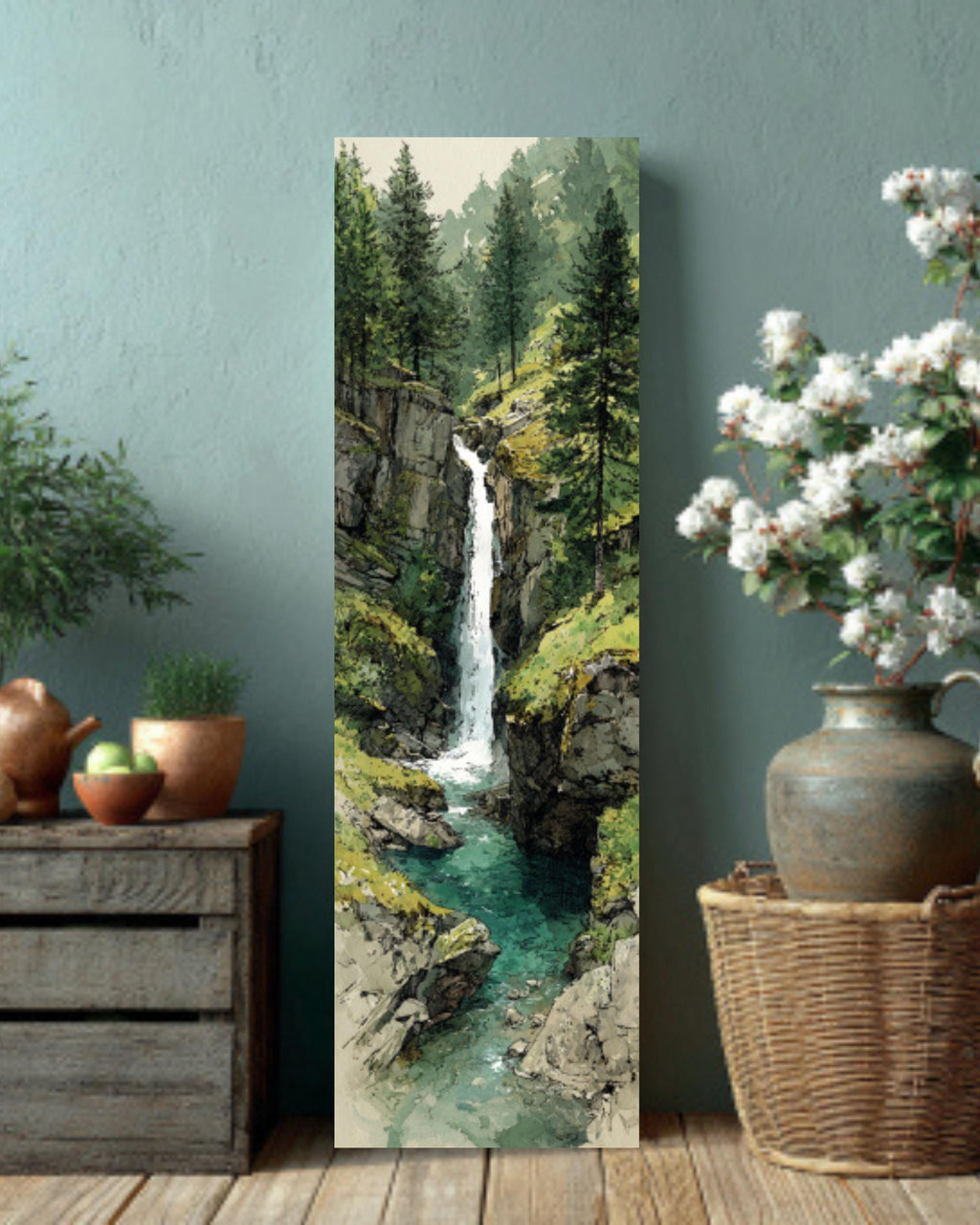 Alpine Waterfall Canvas Print  Watercolor Mountain Nature Scene