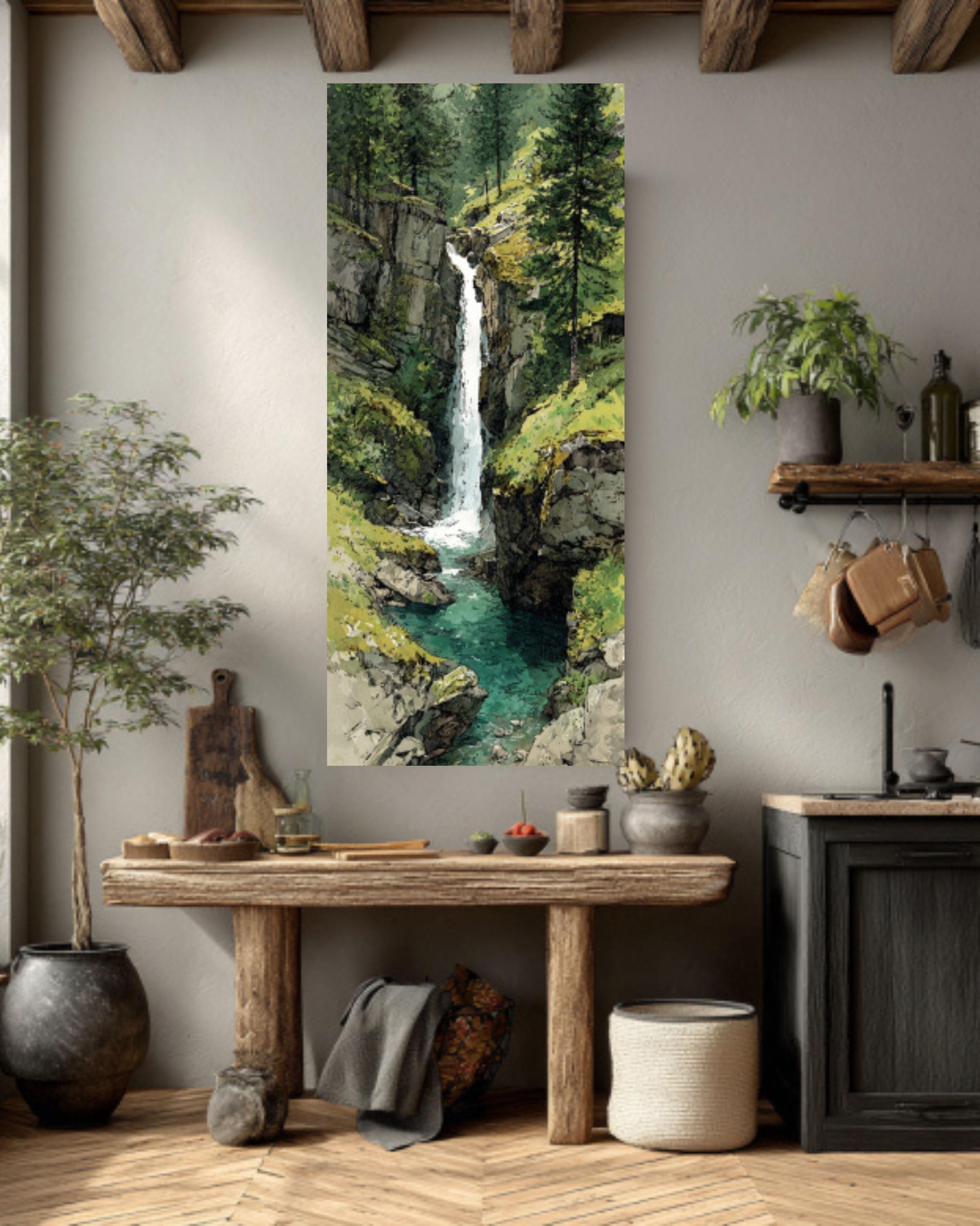 Alpine Waterfall Canvas Print  Watercolor Mountain Nature Scene