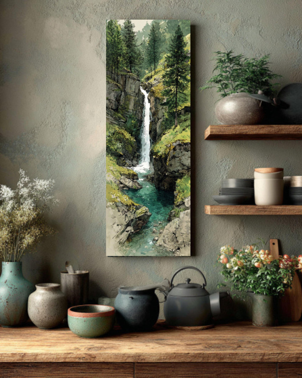 Alpine Waterfall Canvas Print  Watercolor Mountain Nature Scene