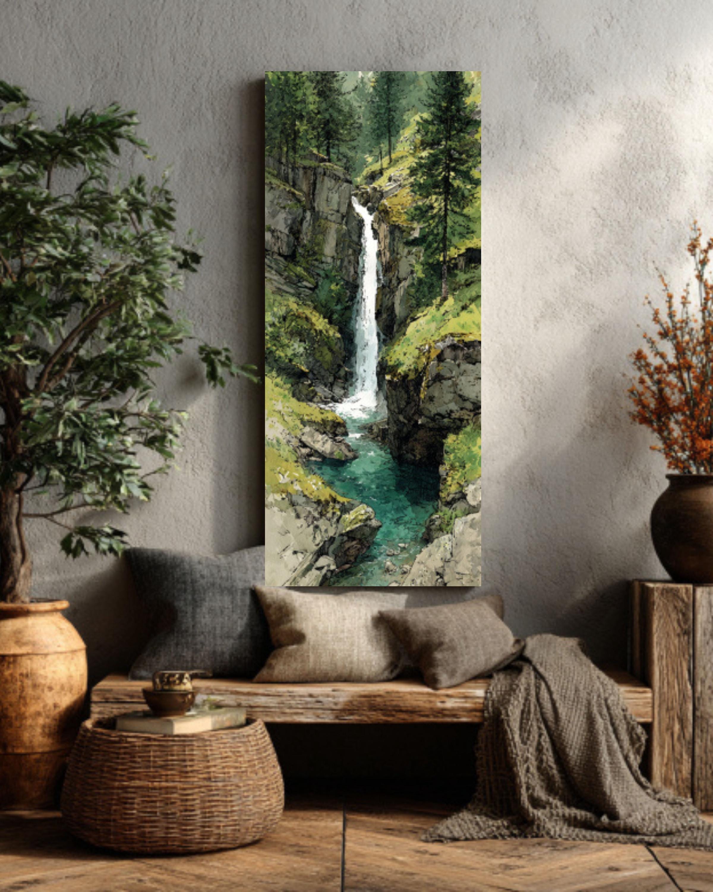 Alpine Waterfall Canvas Print  Watercolor Mountain Nature Scene
