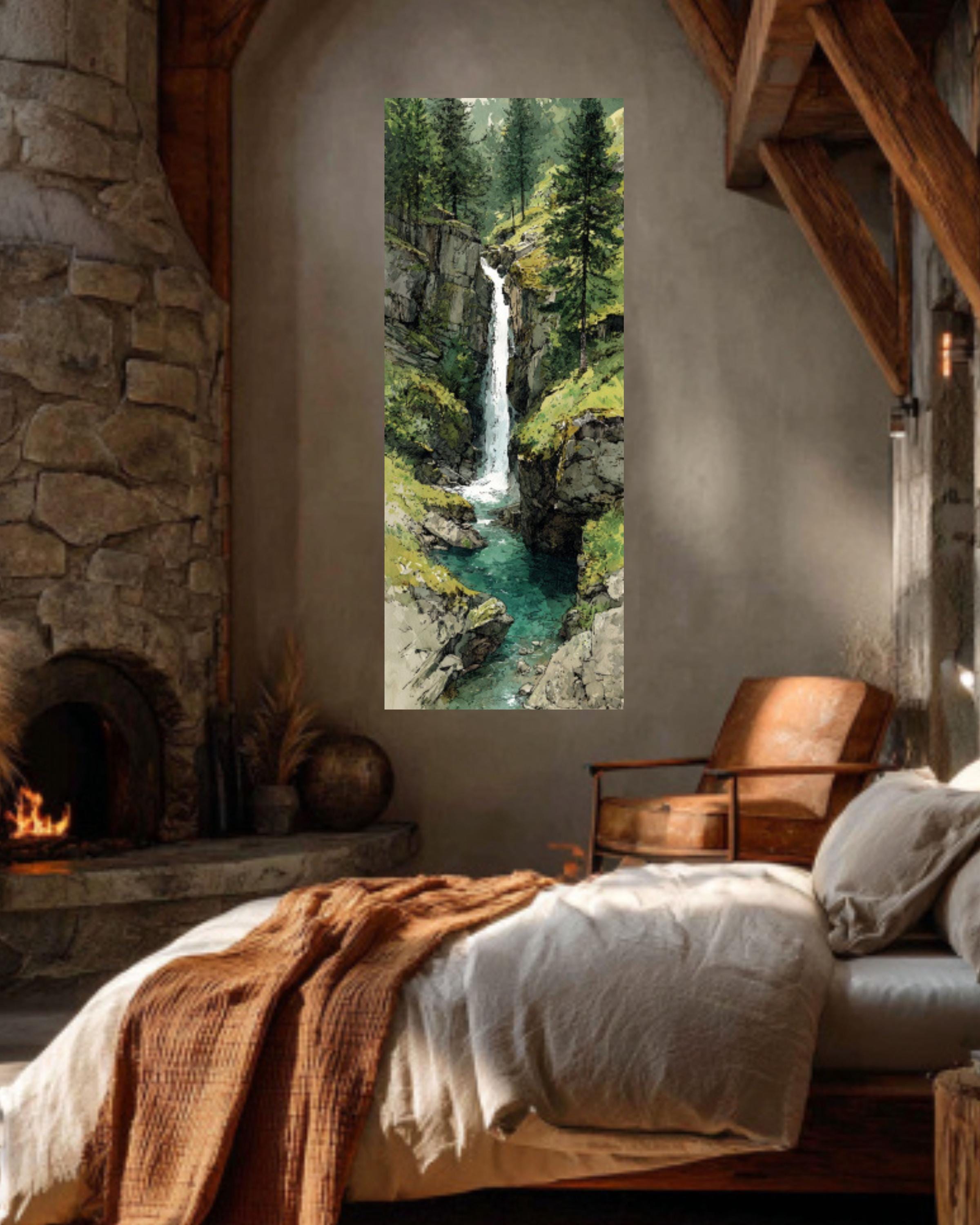 Alpine Waterfall Canvas Print  Watercolor Mountain Nature Scene