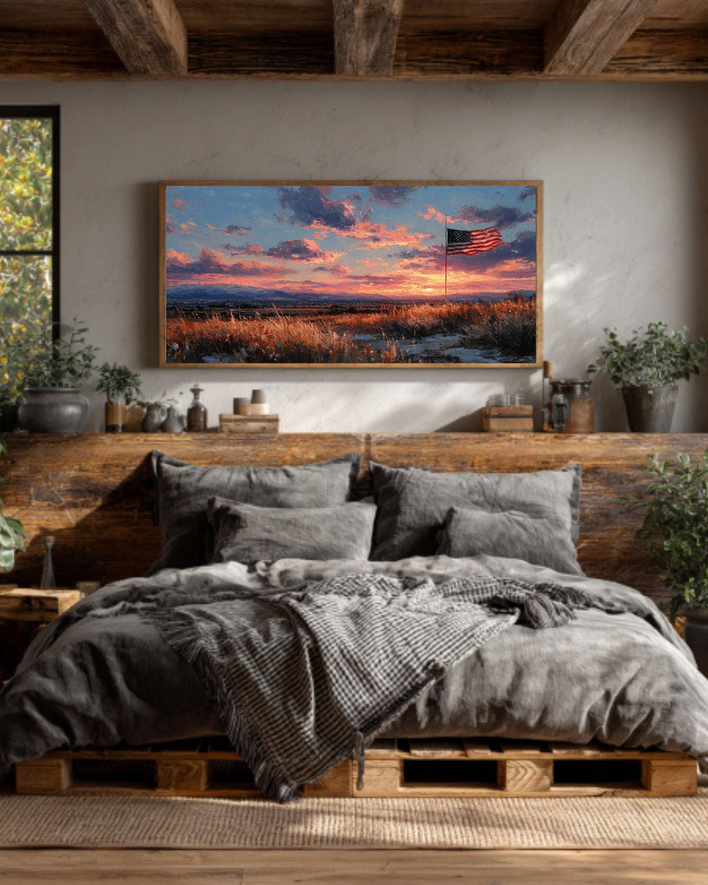 American Flag Sunset Canvas Art  Rustic Patriotic Wall Decor