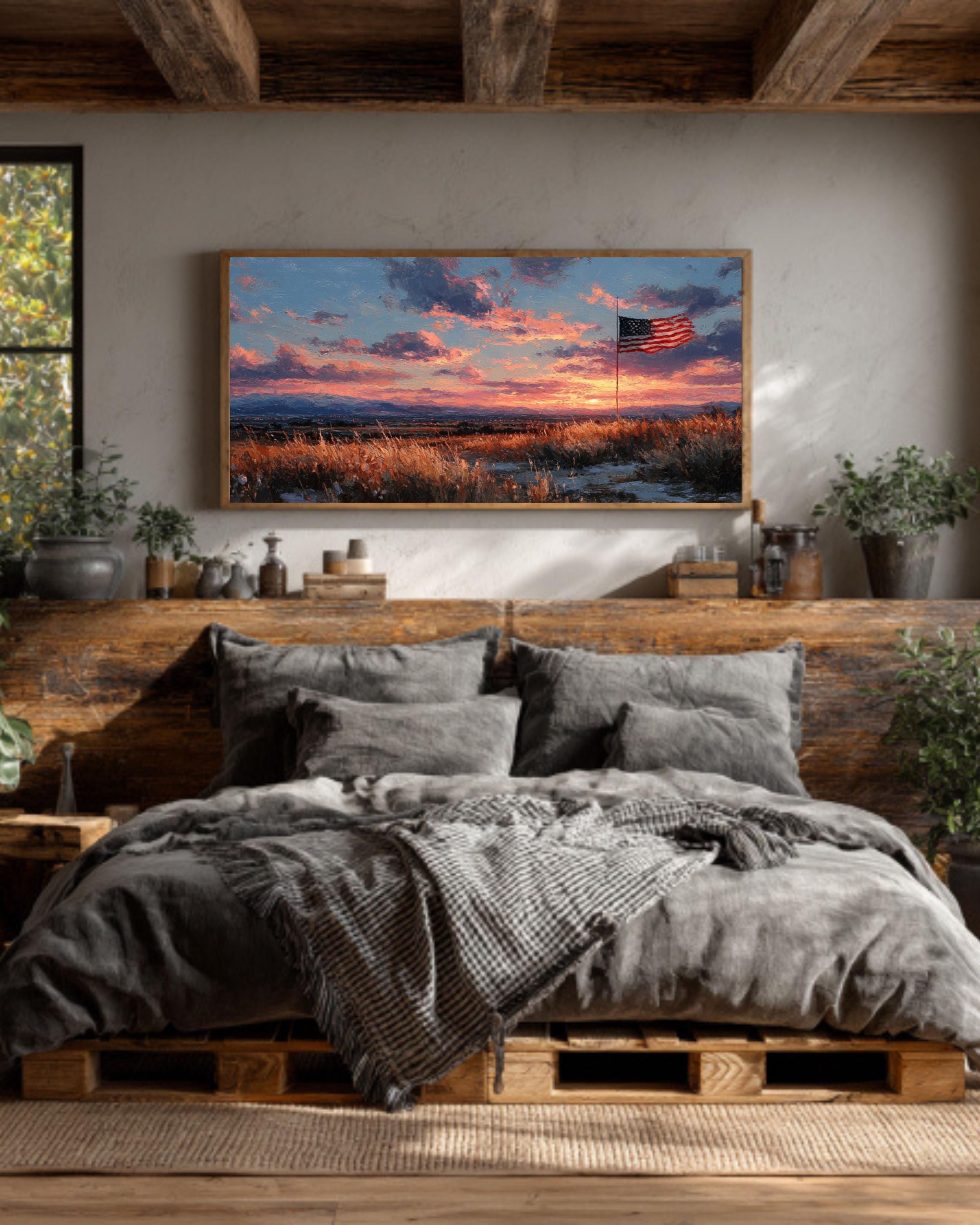 American Flag Sunset Canvas Art  Rustic Patriotic Wall Decor