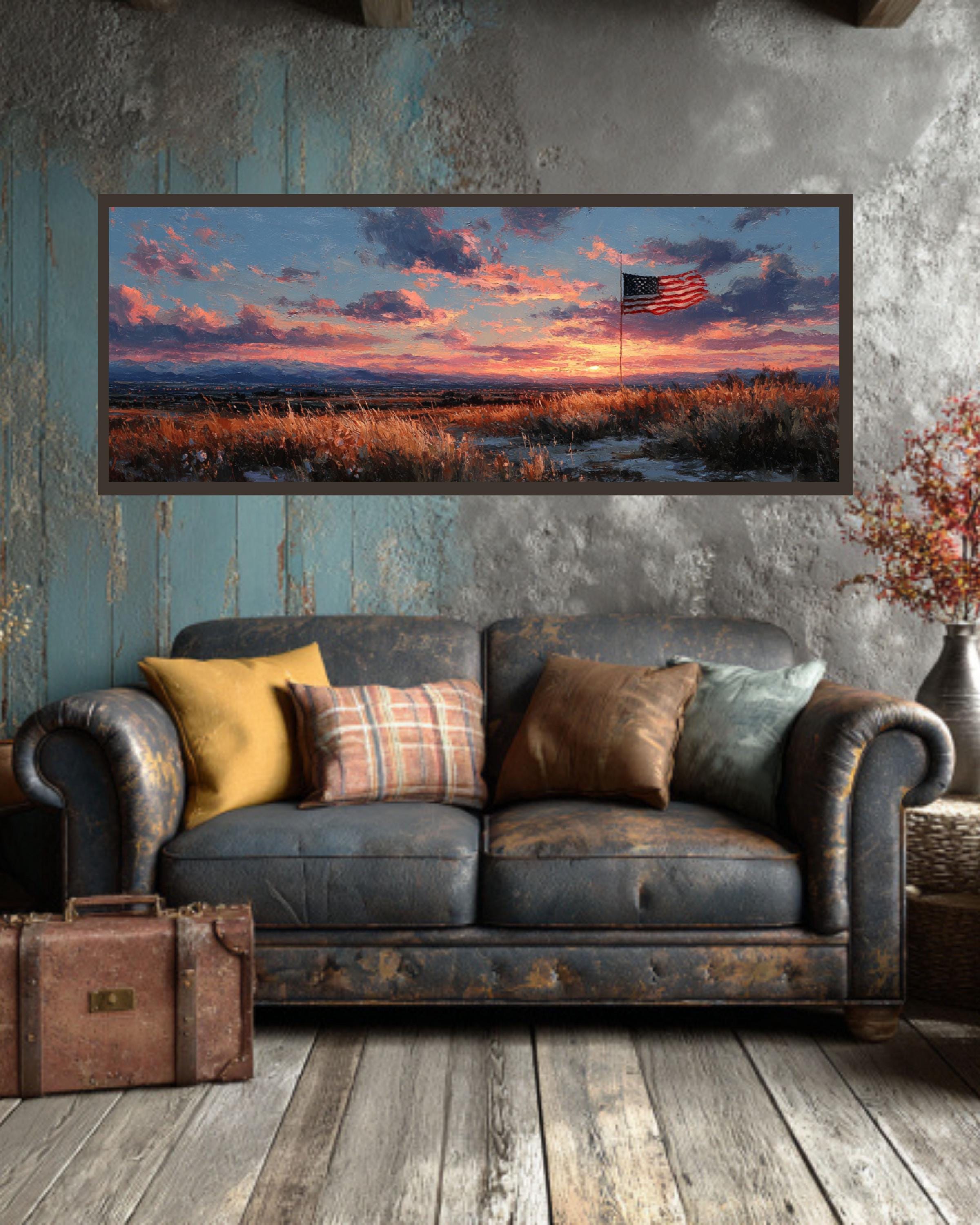 American Flag Sunset Canvas Art  Rustic Patriotic Wall Decor
