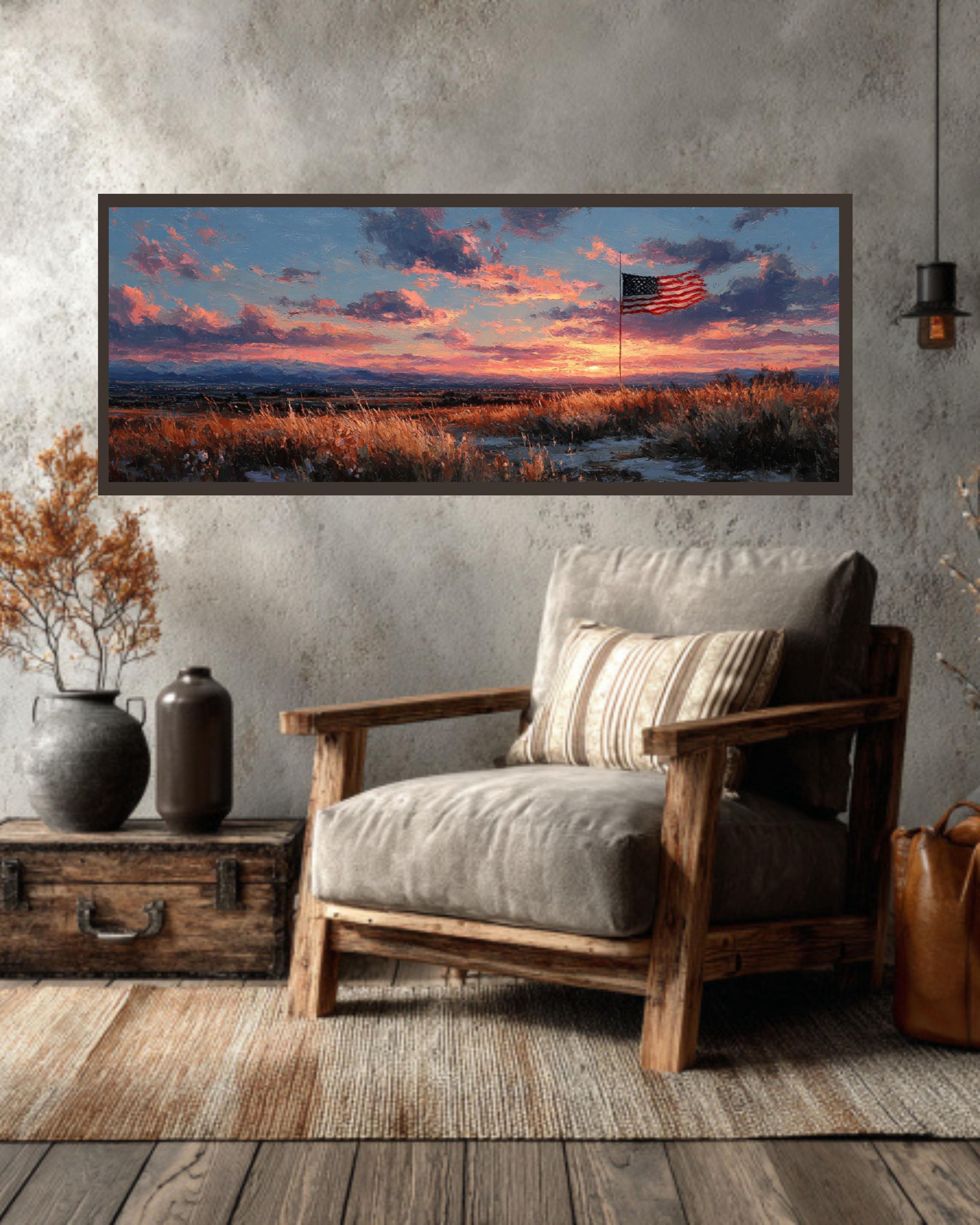 American Flag Sunset Canvas Art  Rustic Patriotic Wall Decor