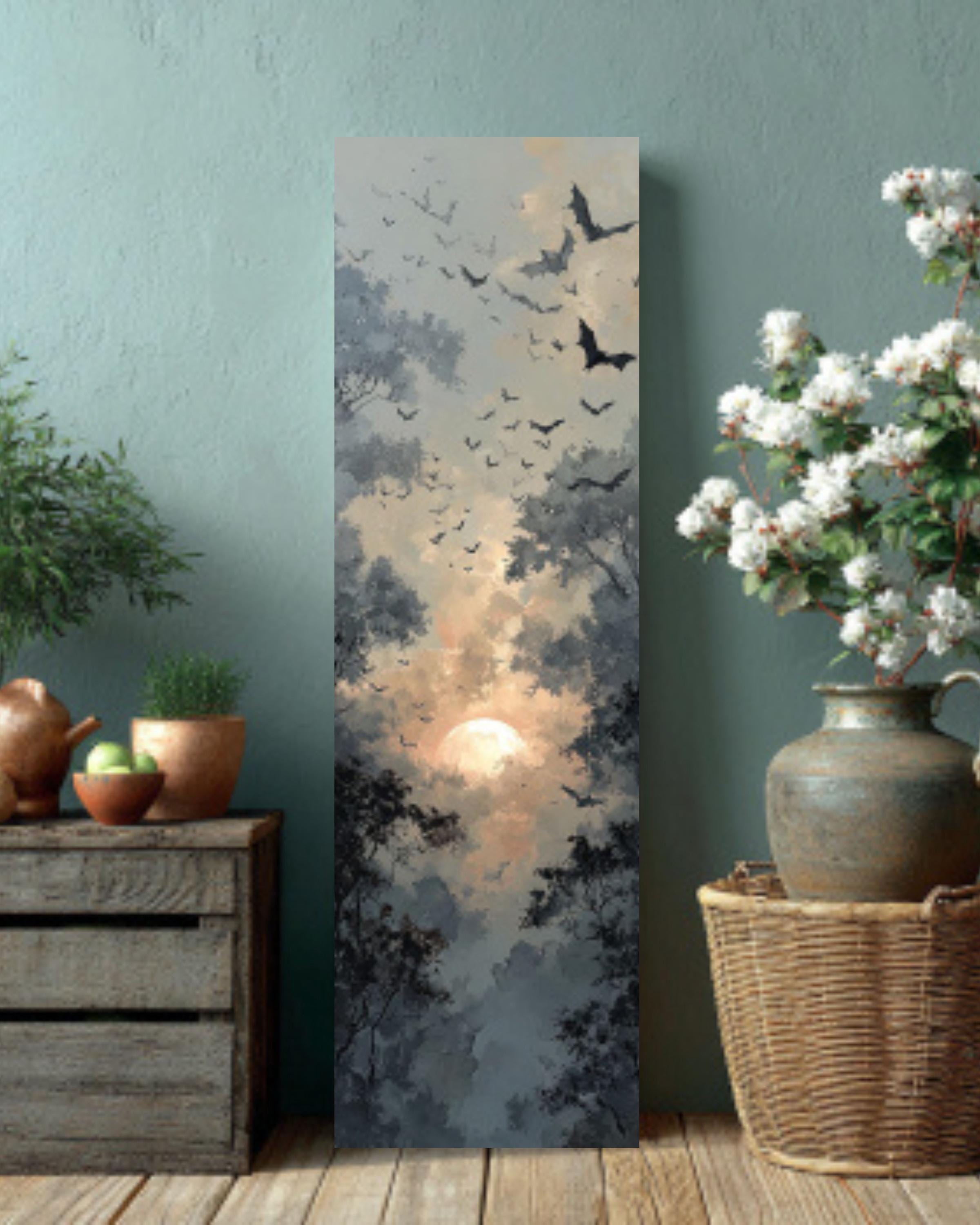 Abstract Bats Flying Oil Painting  Rustic Forest with Sun and Trees, Dark Grey & Beige, Atmospheric Wall Art  Canvas, Framed Print