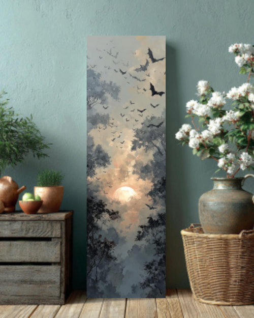 Abstract Bats Flying Oil Painting  Rustic Forest with Sun and Trees, Dark Grey & Beige, Atmospheric Wall Art  Canvas, Framed Print