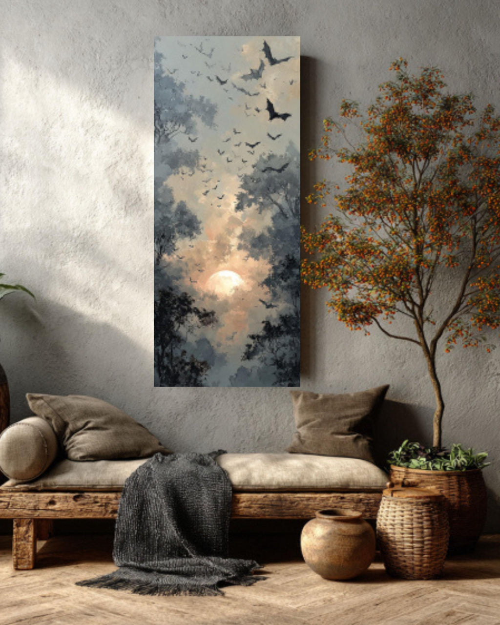 Abstract Bats Flying Oil Painting  Rustic Forest with Sun and Trees, Dark Grey & Beige, Atmospheric Wall Art  Canvas, Framed Print