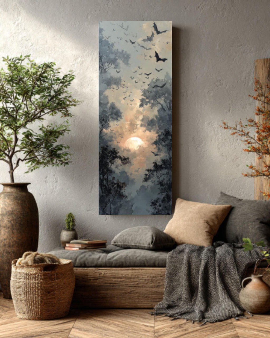 Abstract Bats Flying Oil Painting  Rustic Forest with Sun and Trees, Dark Grey & Beige, Atmospheric Wall Art  Canvas, Framed Print