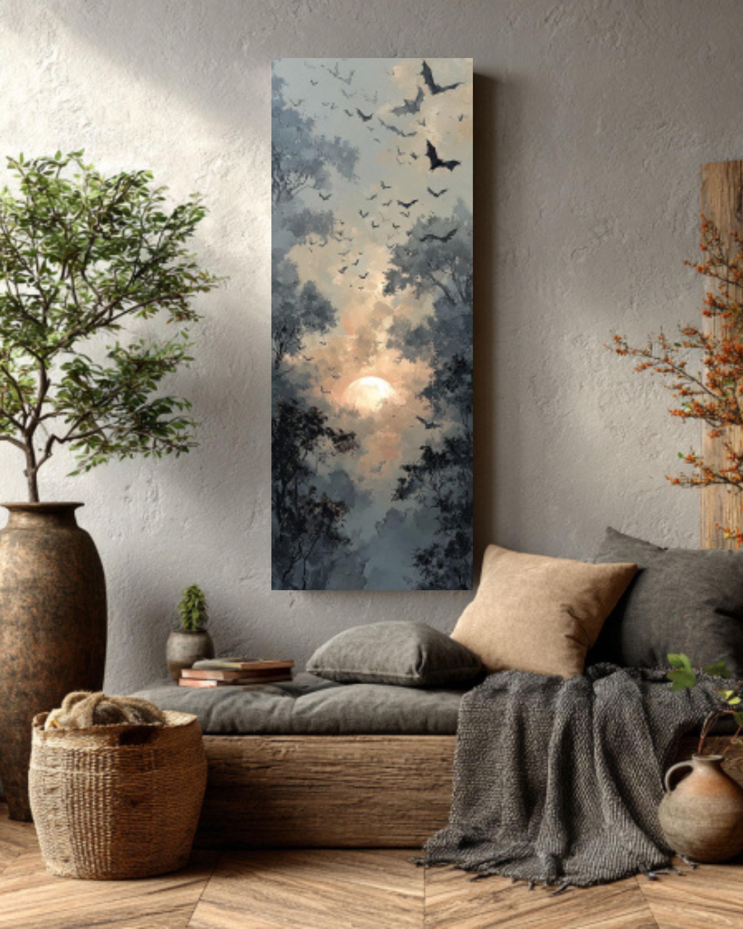 Abstract Bats Flying Oil Painting  Rustic Forest with Sun and Trees, Dark Grey & Beige, Atmospheric Wall Art  Canvas, Framed Print