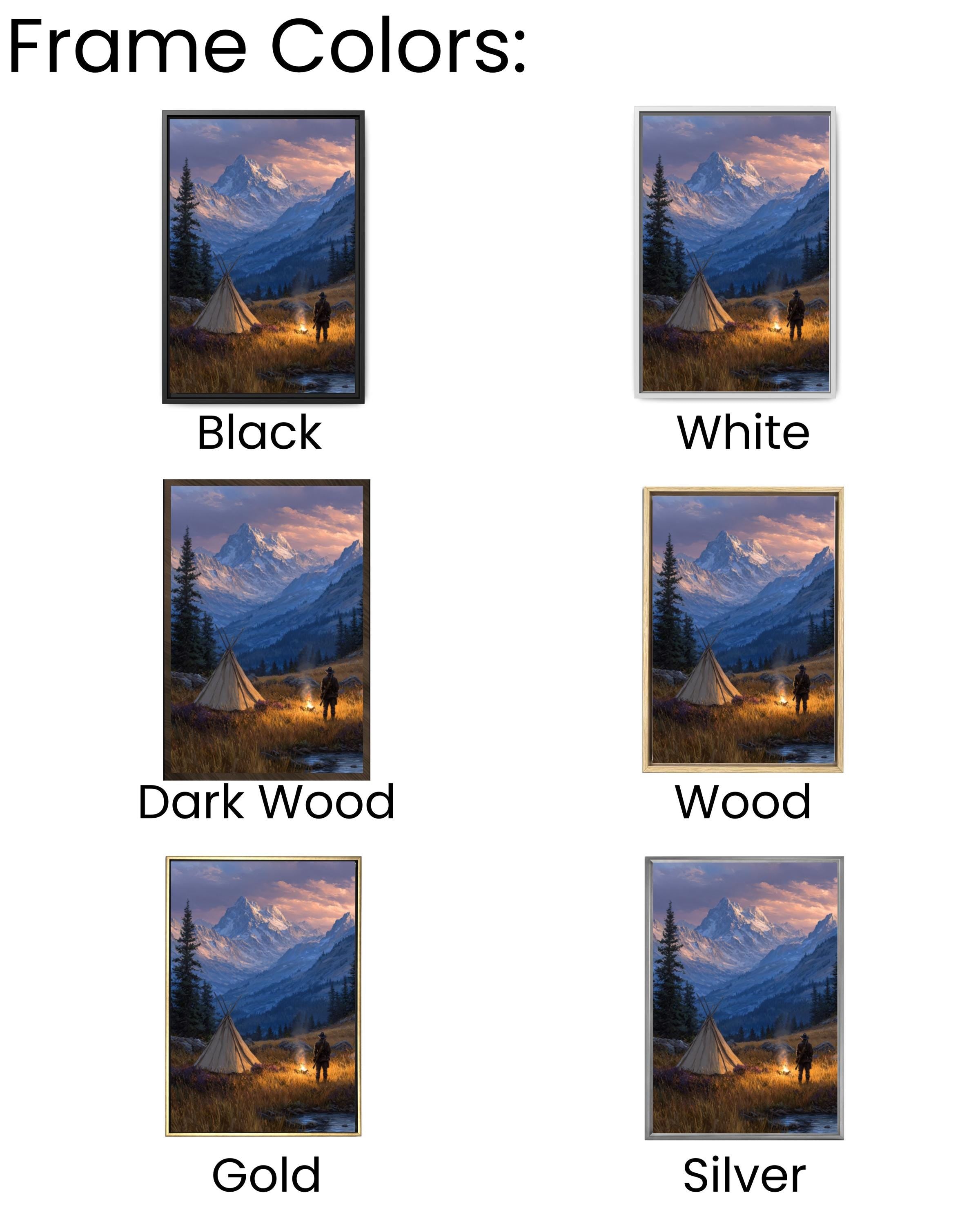 Hunter by Campfire Oil Painting  Rustic Mountain Landscape with Tent, Wilderness Adventure Wall Art Poster, Canvas or Framed Print