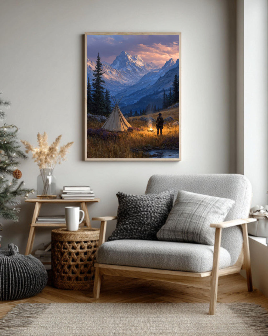 Hunter by Campfire Oil Painting  Rustic Mountain Landscape with Tent, Wilderness Adventure Wall Art Poster, Canvas or Framed Print