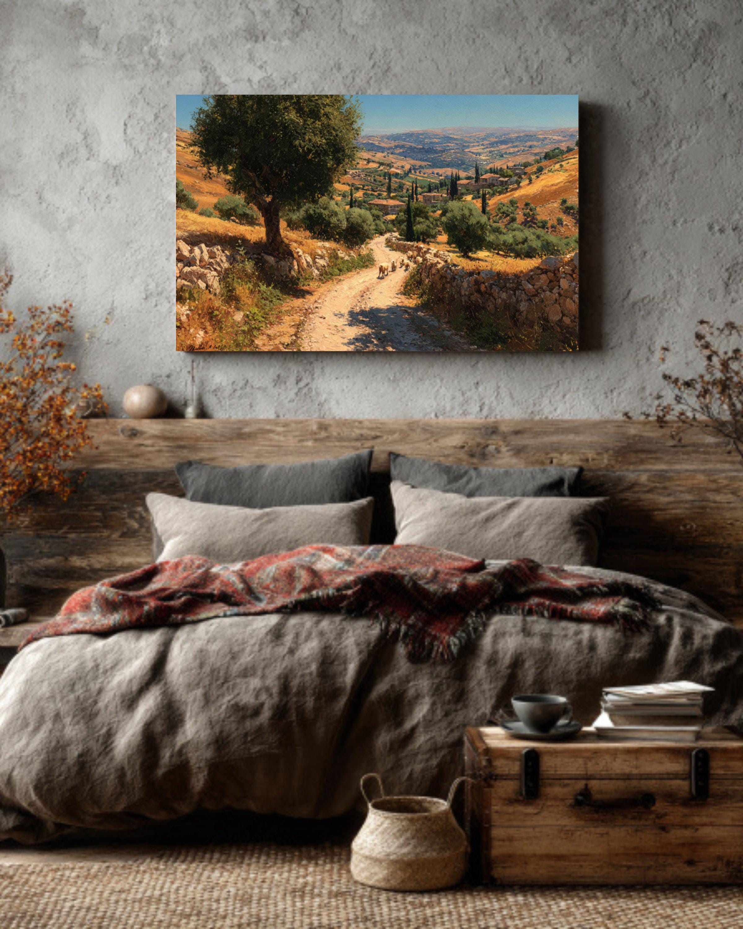 Ancient Jerusalem Hills Oil Painting  Winding Road with Sheep & Donkeys, Rustic Countryside Wall Art Canvas or Framed Print
