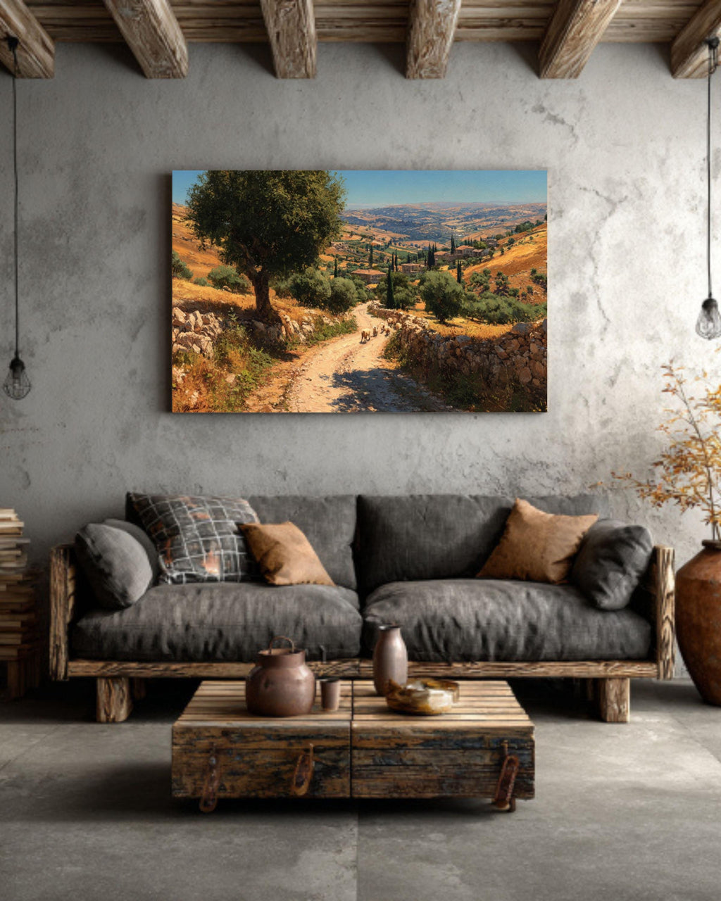 Ancient Jerusalem Hills Oil Painting  Winding Road with Sheep & Donkeys, Rustic Countryside Wall Art Canvas or Framed Print