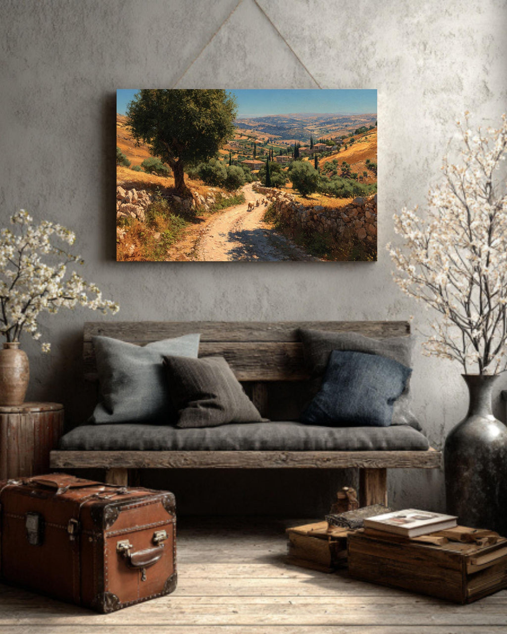 Ancient Jerusalem Hills Oil Painting  Winding Road with Sheep & Donkeys, Rustic Countryside Wall Art Canvas or Framed Print