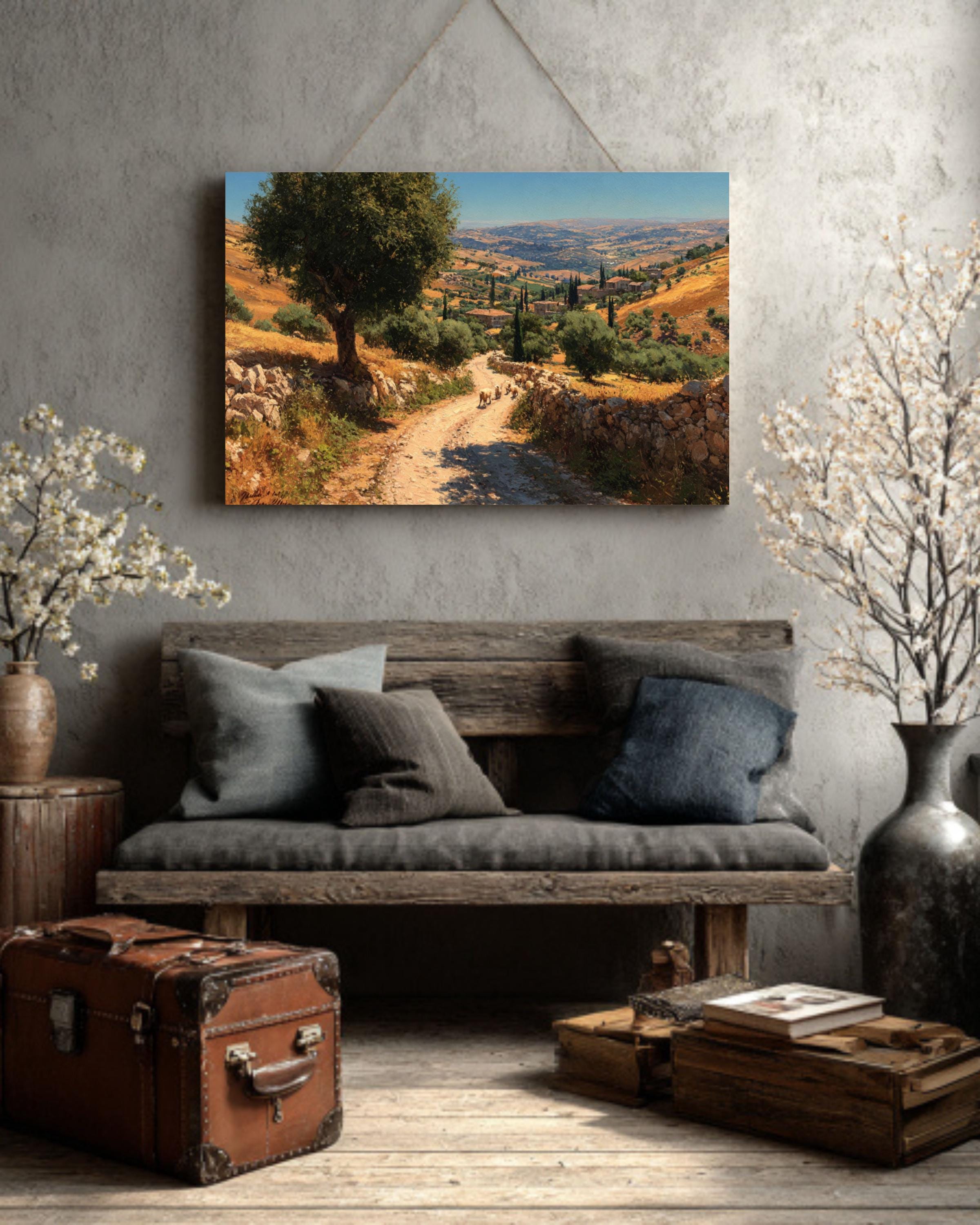 Ancient Jerusalem Hills Oil Painting  Winding Road with Sheep & Donkeys, Rustic Countryside Wall Art Canvas or Framed Print