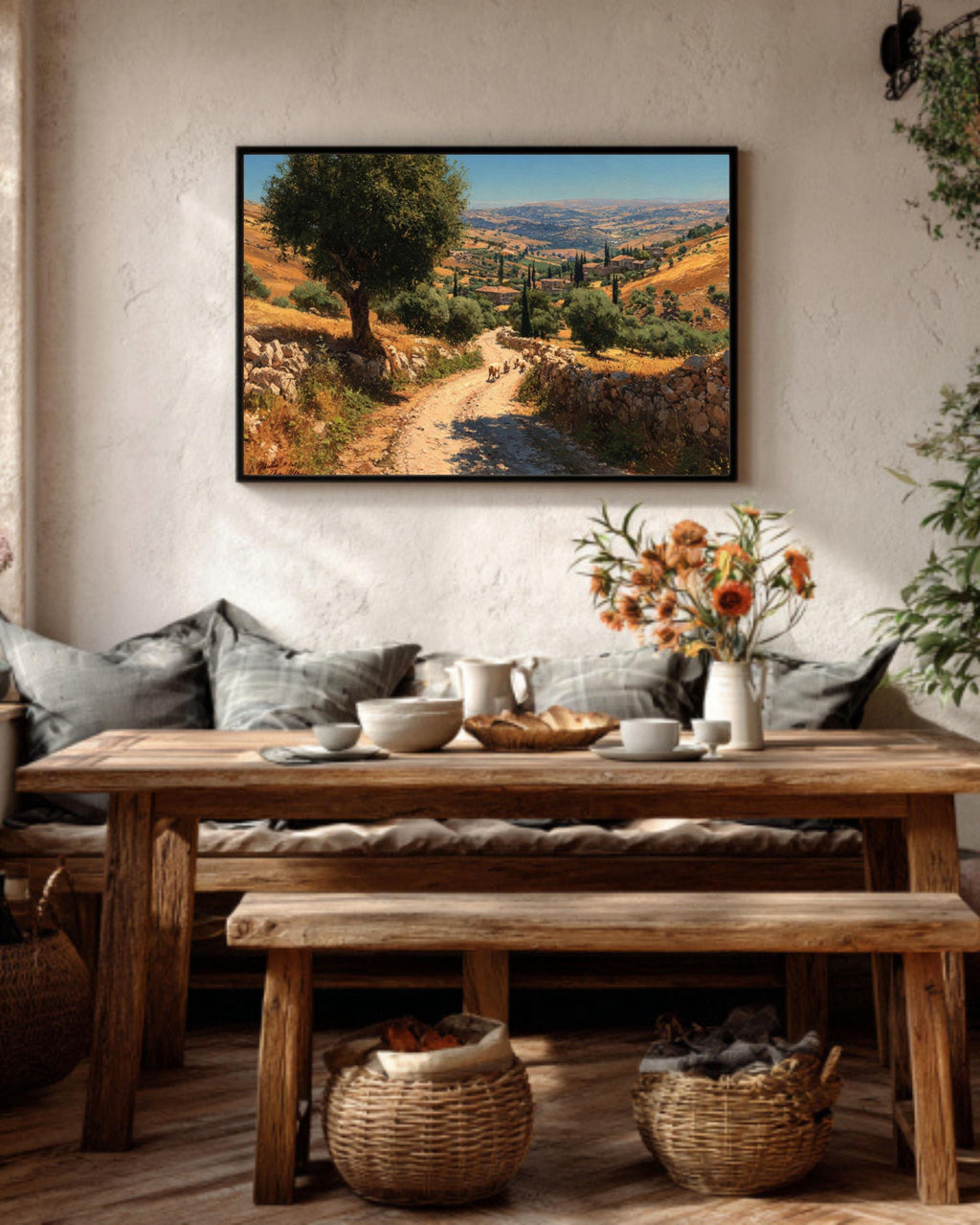Ancient Jerusalem Hills Oil Painting  Winding Road with Sheep & Donkeys, Rustic Countryside Wall Art Canvas or Framed Print
