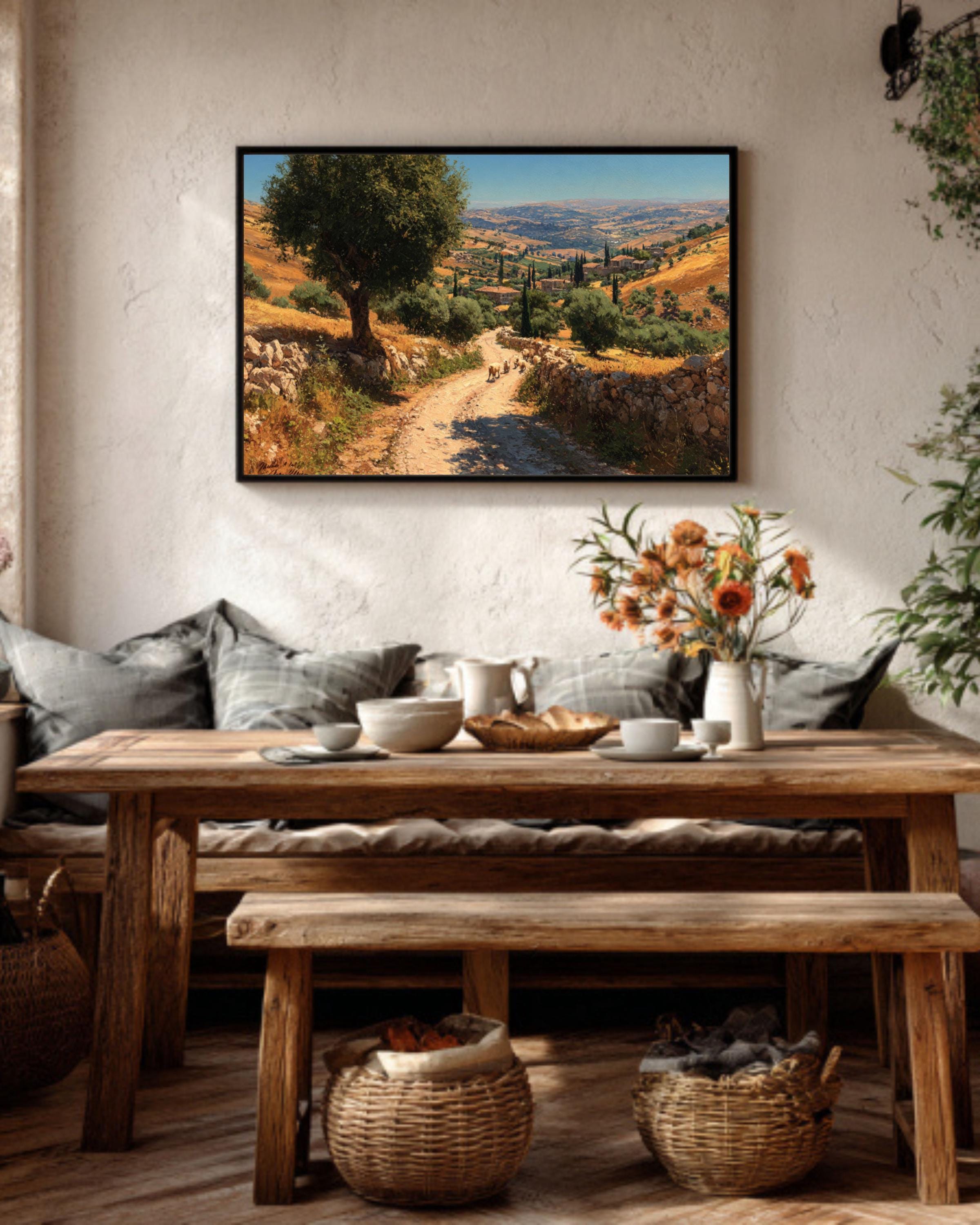 Ancient Jerusalem Hills Oil Painting  Winding Road with Sheep & Donkeys, Rustic Countryside Wall Art Canvas or Framed Print