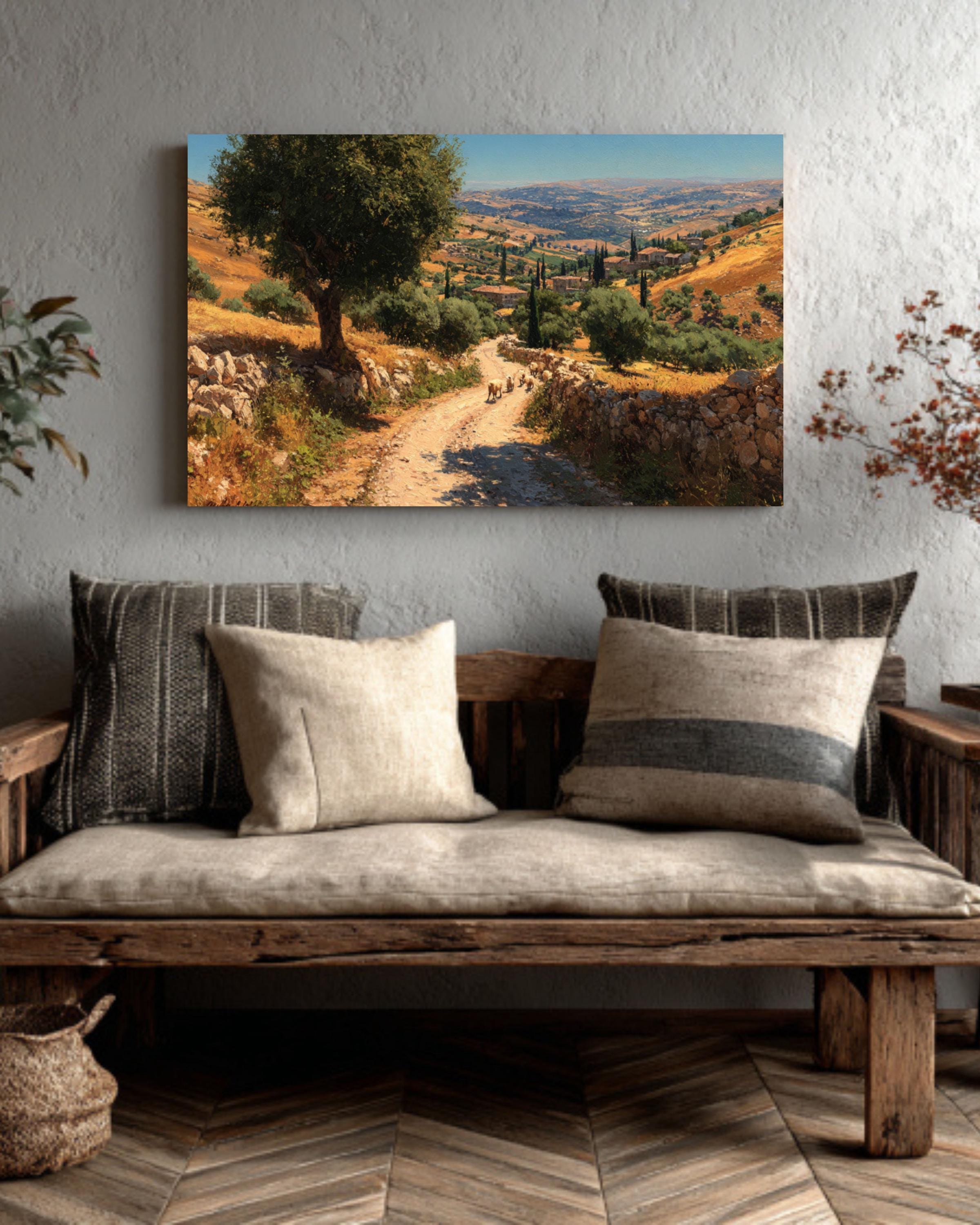 Ancient Jerusalem Hills Oil Painting  Winding Road with Sheep & Donkeys, Rustic Countryside Wall Art Canvas or Framed Print