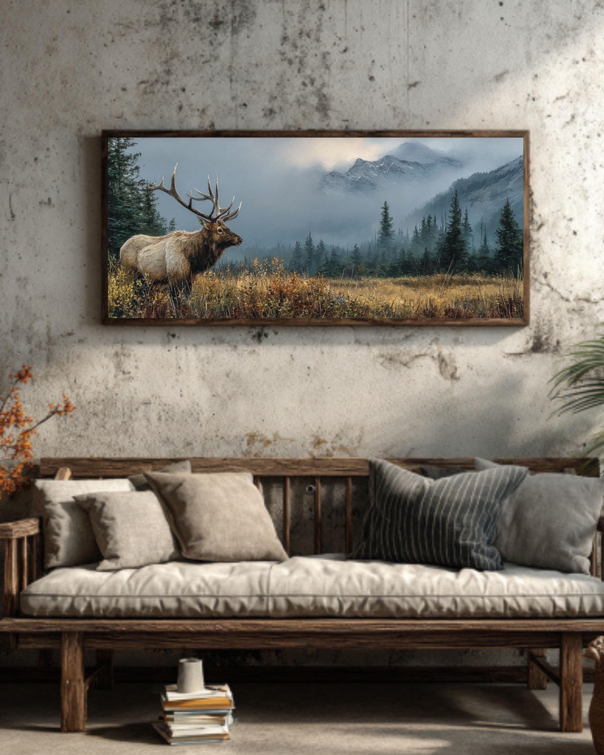 Rustic Elk Landscape Oil Painting  Wildlife Canvas Wall Art