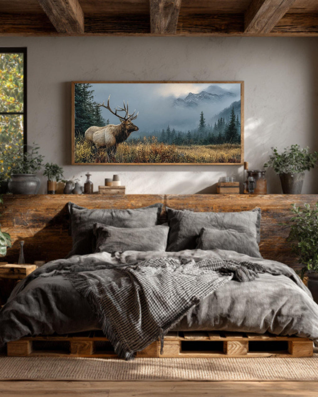 Rustic Elk Landscape Oil Painting  Wildlife Canvas Wall Art