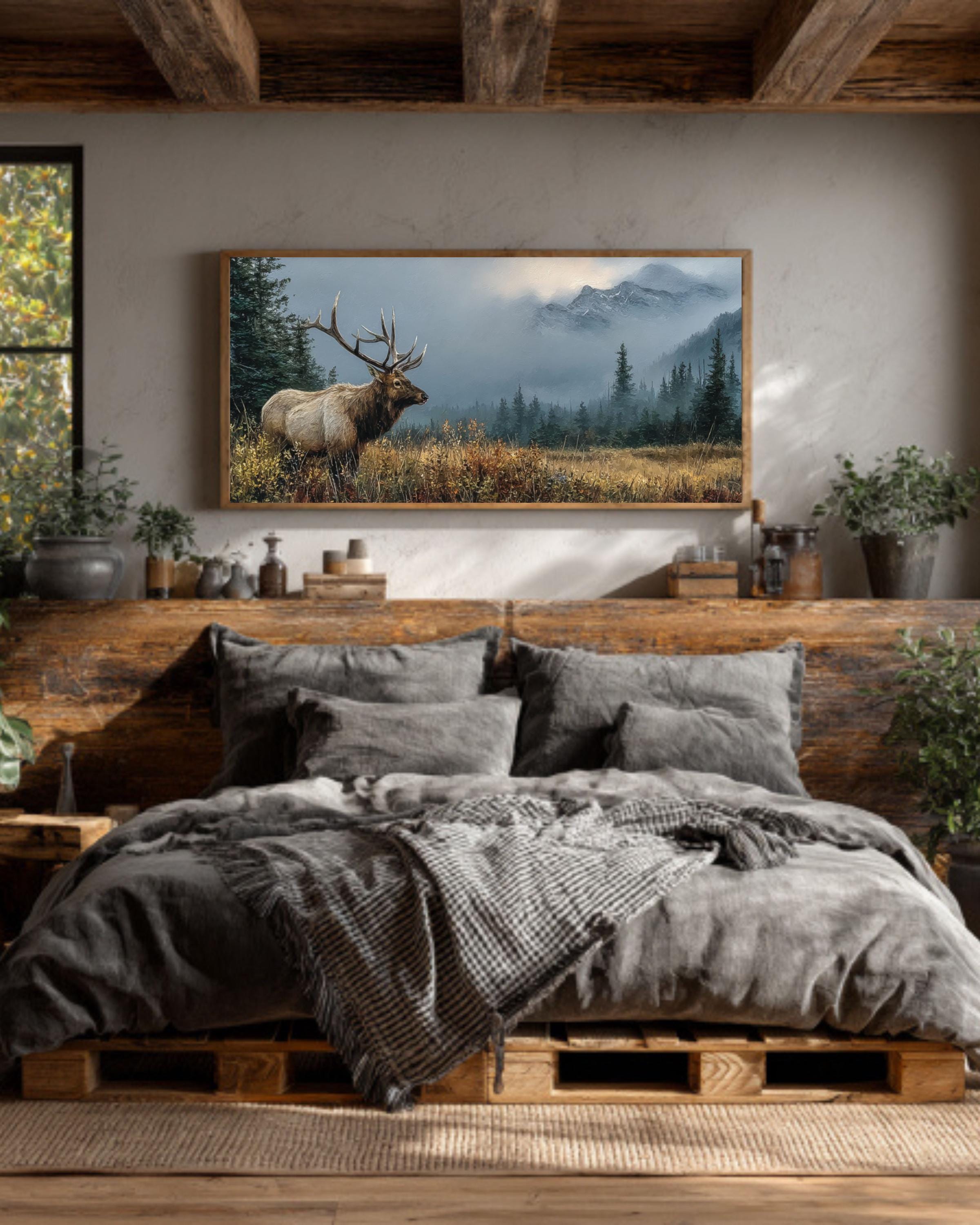 Rustic Elk Landscape Oil Painting  Wildlife Canvas Wall Art