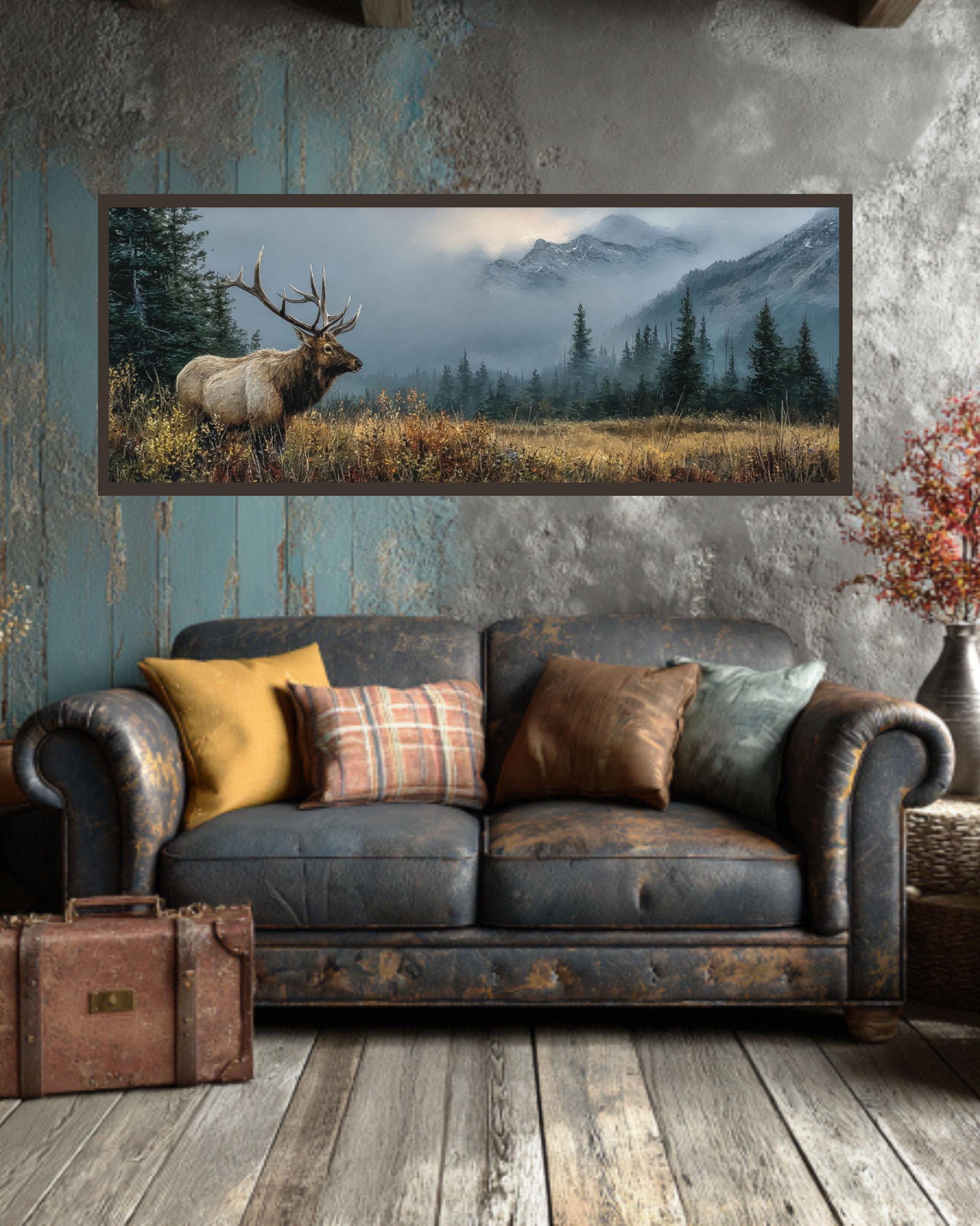 Rustic Elk Landscape Oil Painting  Wildlife Canvas Wall Art