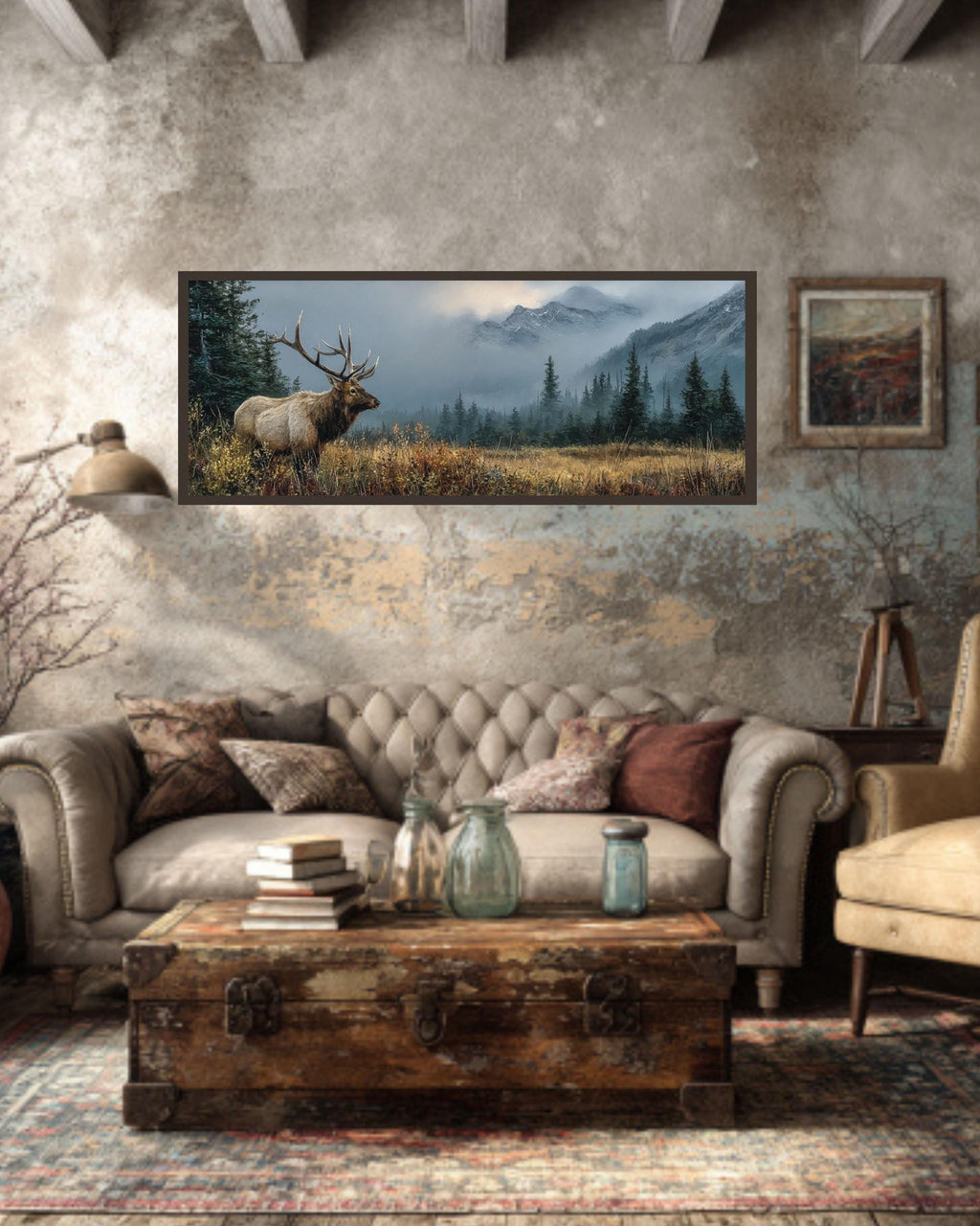 Rustic Elk Landscape Oil Painting  Wildlife Canvas Wall Art