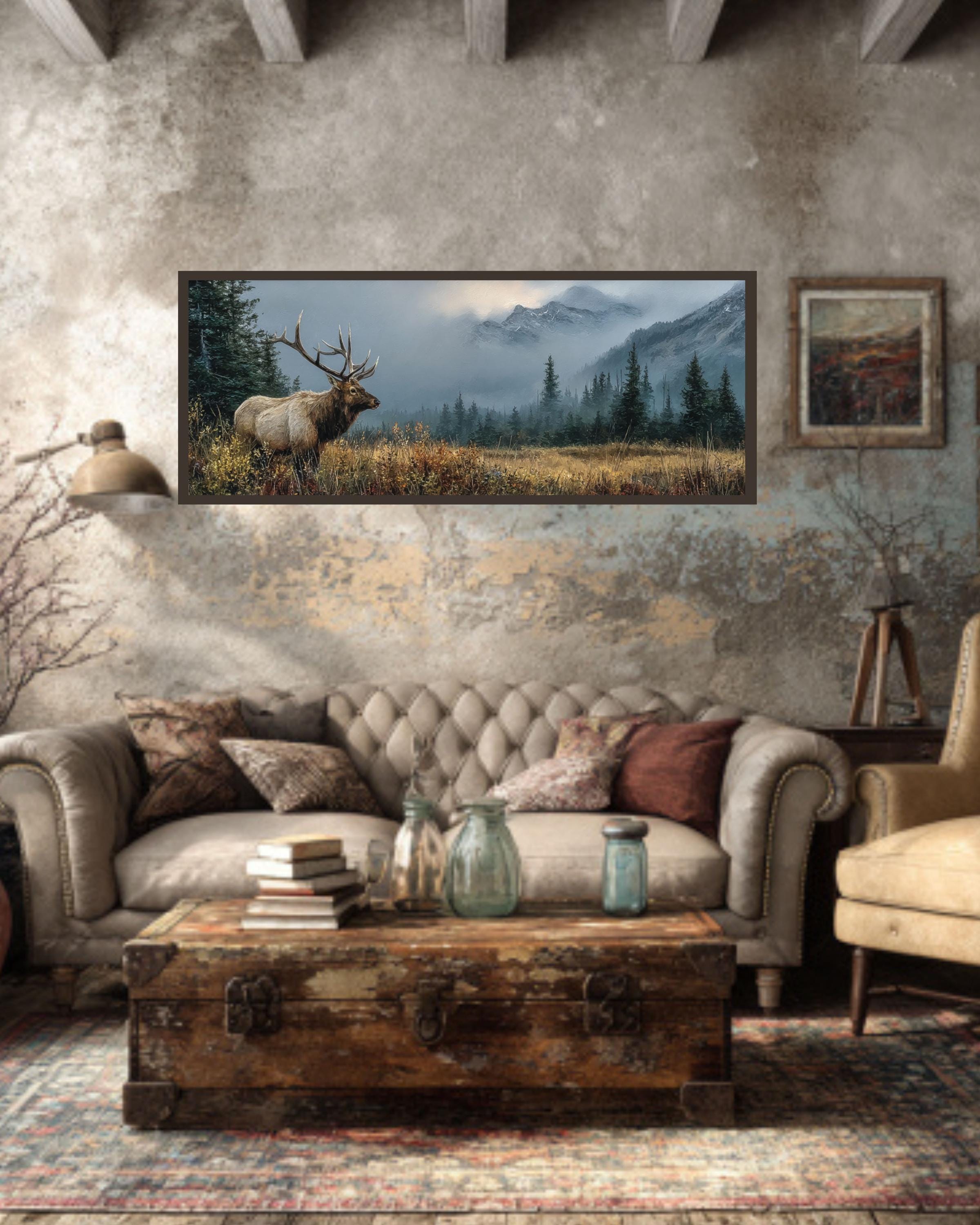 Rustic Elk Landscape Oil Painting  Wildlife Canvas Wall Art