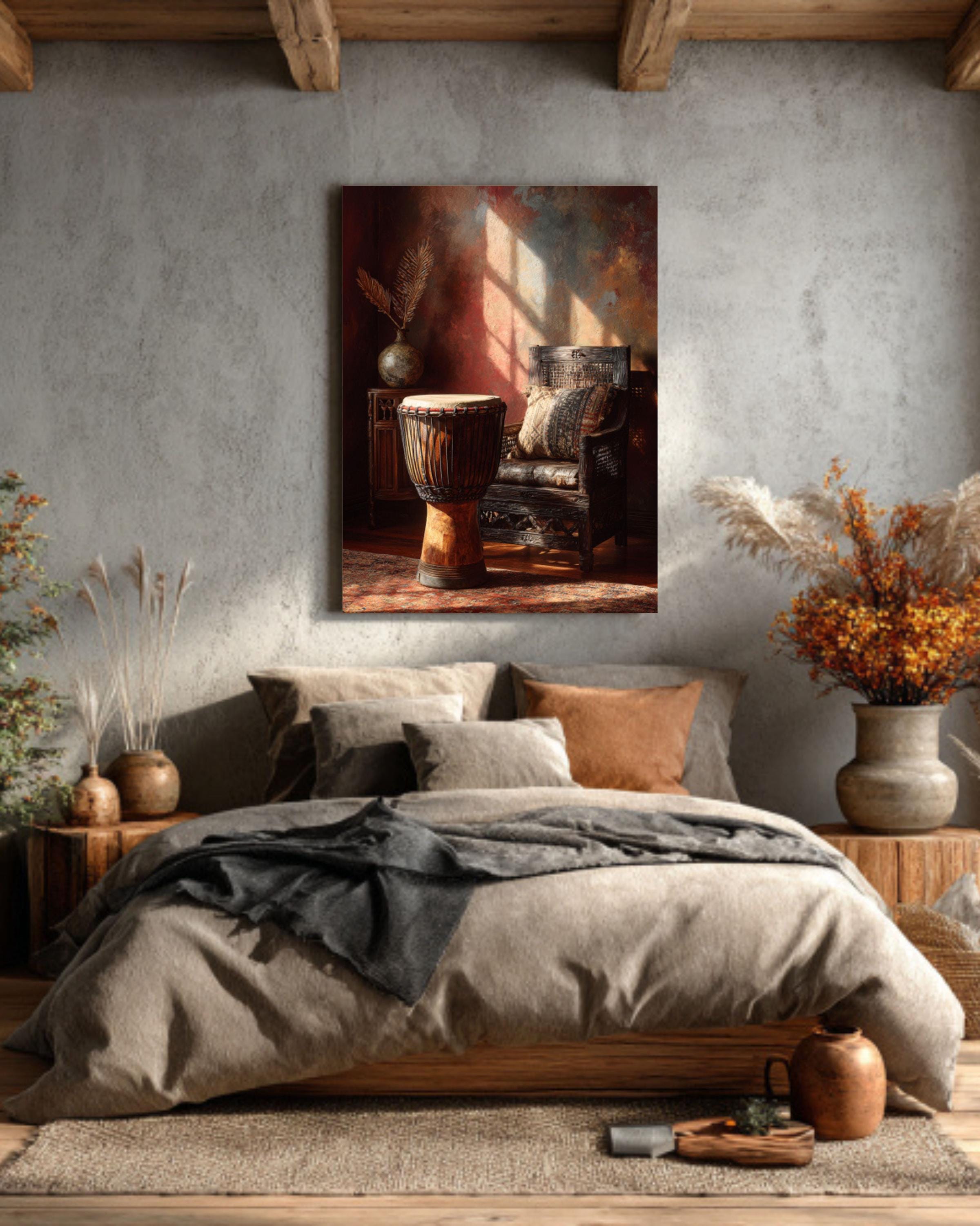 African Djembe Drum Painting  Rustic Traditional Woven Chair & Oriental Interior Art, Warm Earthy Tones Wall Decor  Poster, Canvas, Framed