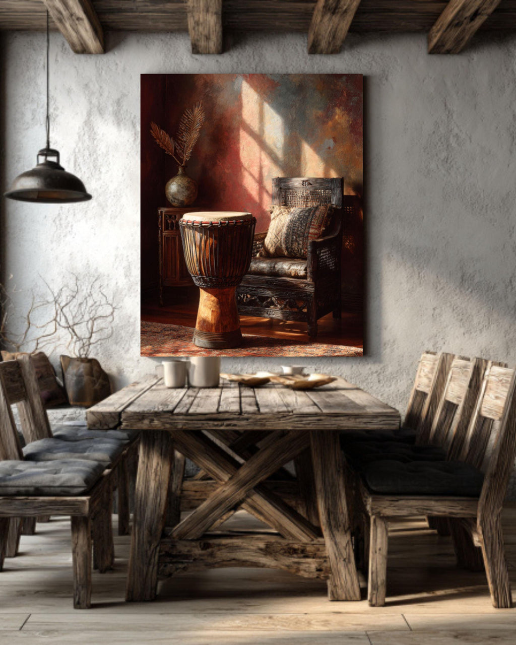 African Djembe Drum Painting  Rustic Traditional Woven Chair & Oriental Interior Art, Warm Earthy Tones Wall Decor  Poster, Canvas, Framed