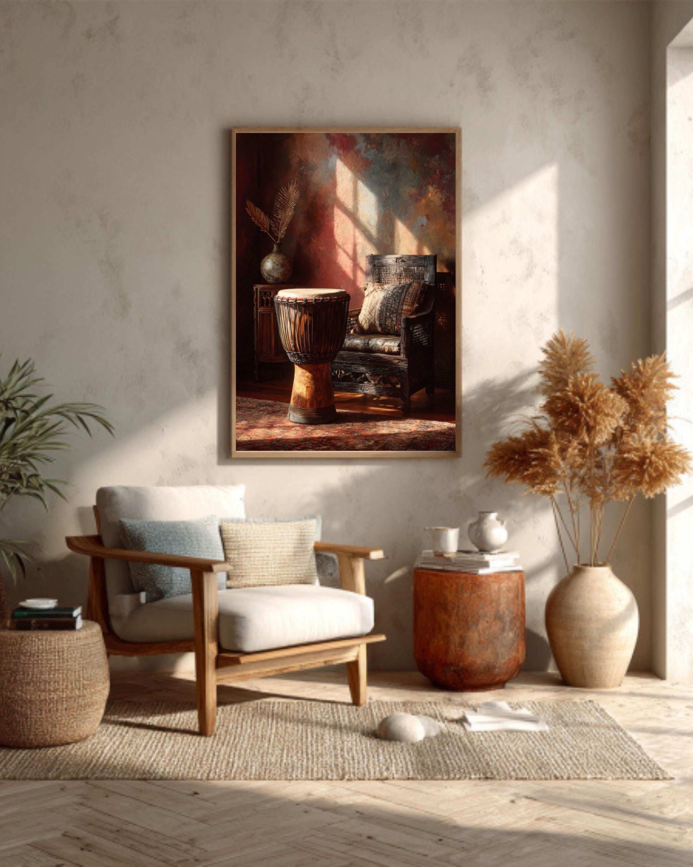 African Djembe Drum Painting  Rustic Traditional Woven Chair & Oriental Interior Art, Warm Earthy Tones Wall Decor  Poster, Canvas, Framed