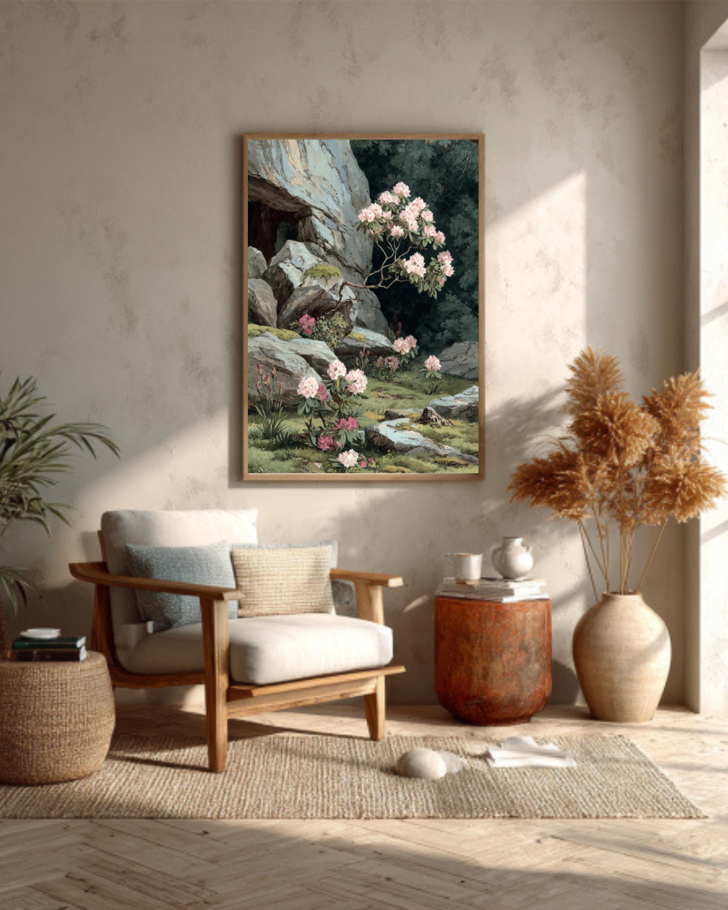 Alpine Rhododendron Painting  Botanical Pastel Watercolor Art, Framed Print