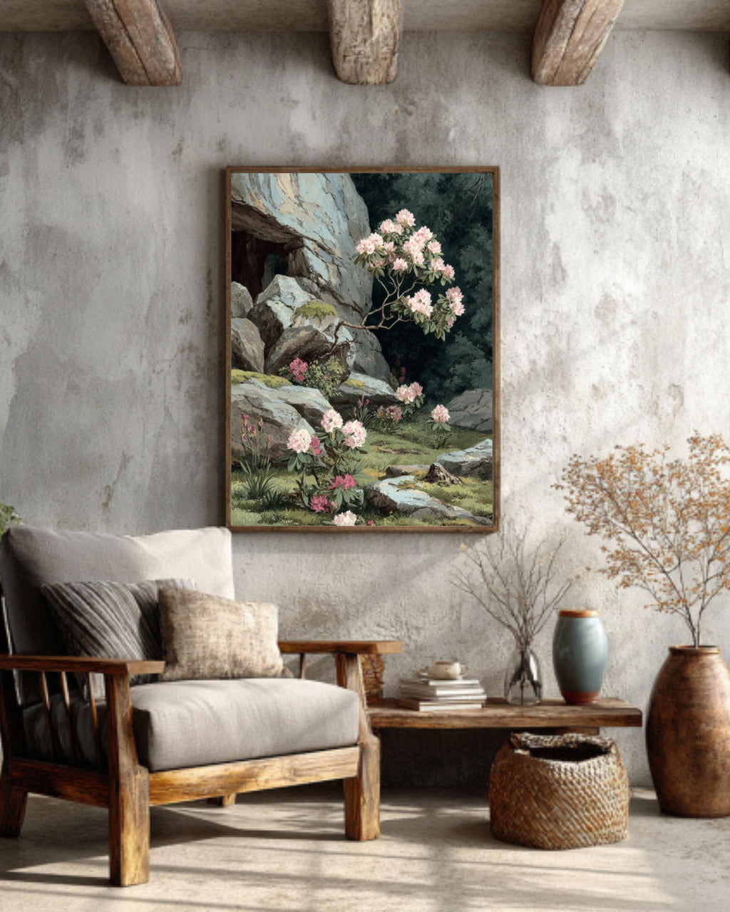 Alpine Rhododendron Painting  Botanical Pastel Watercolor Art, Framed Print