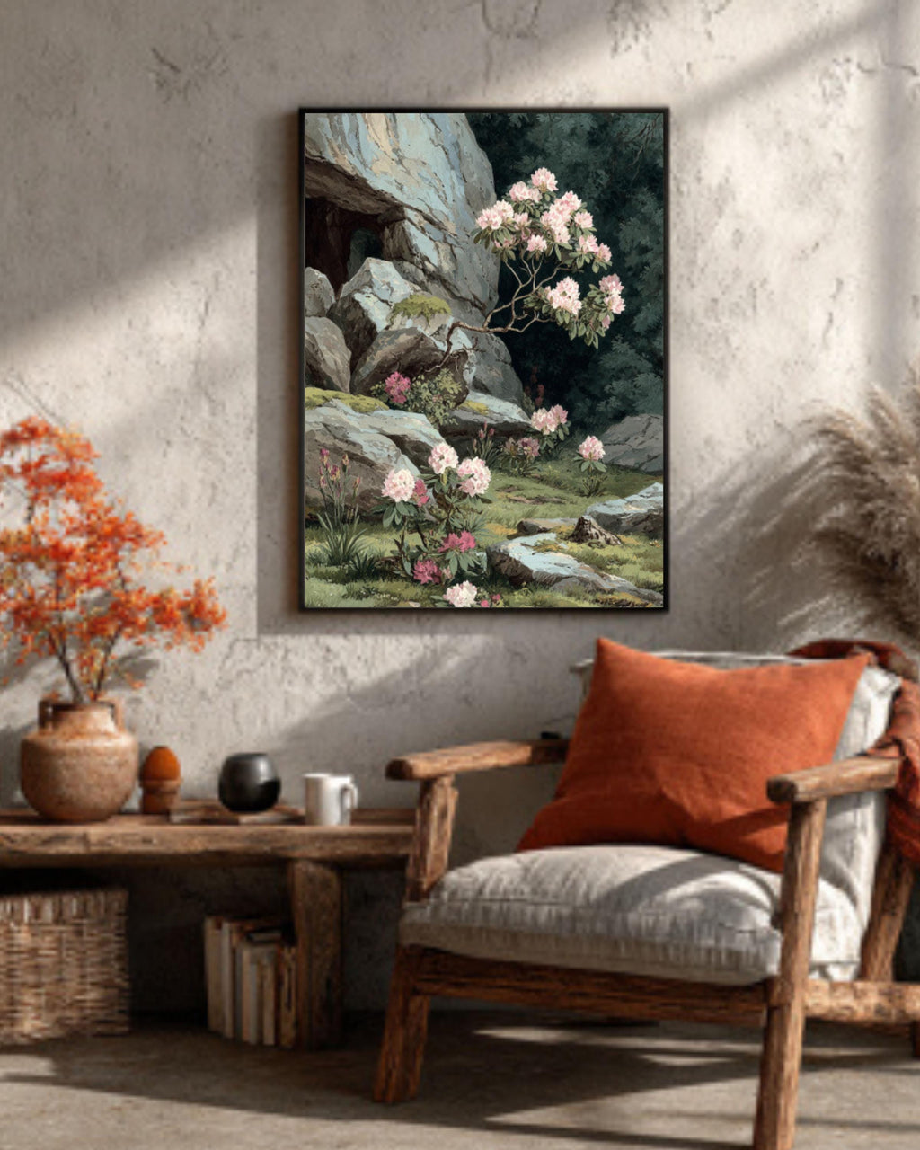 Alpine Rhododendron Painting  Botanical Pastel Watercolor Art, Framed Print
