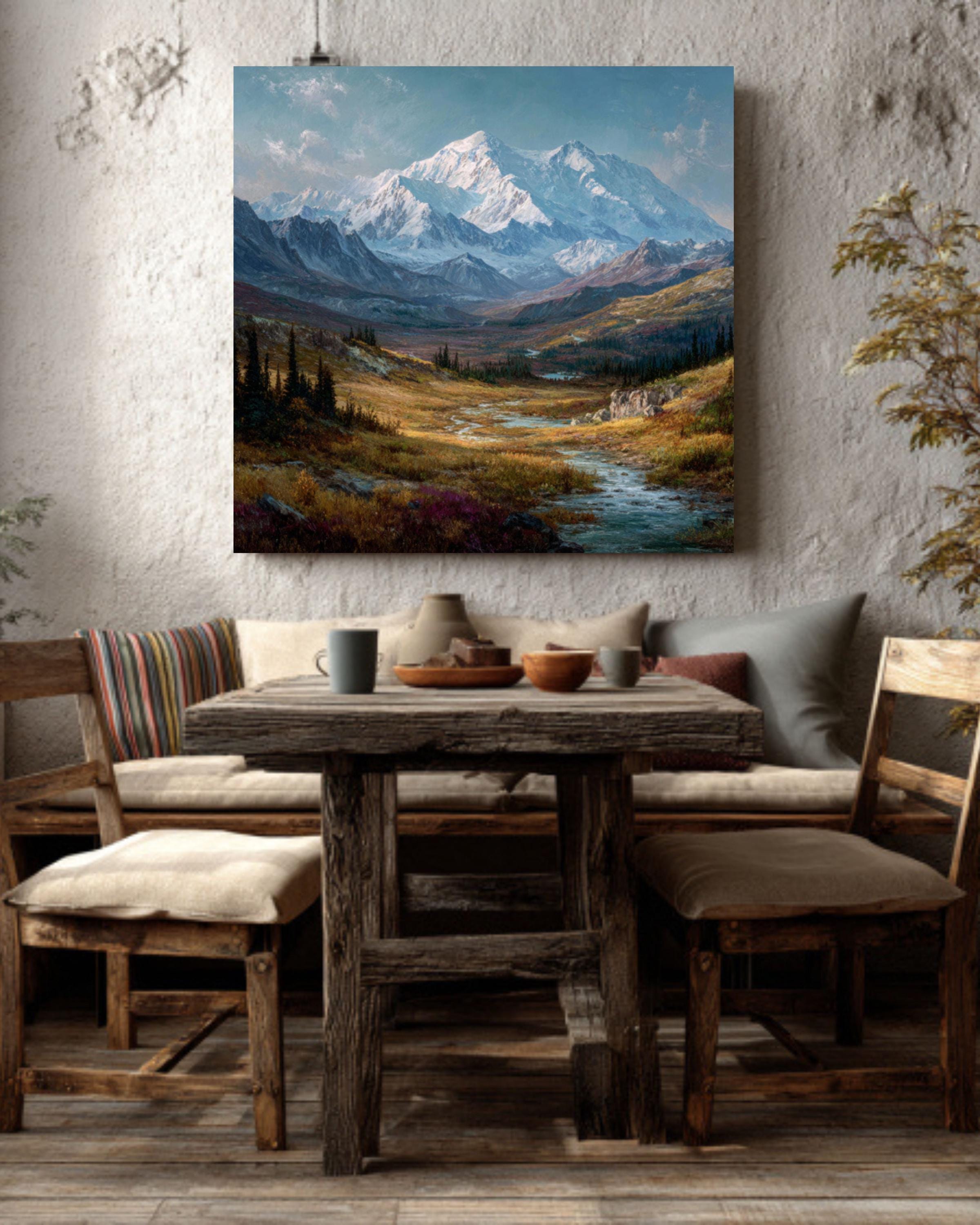 Alaskan Mountain Landscape Painting  Oil & Watercolor Canvas Wall Art