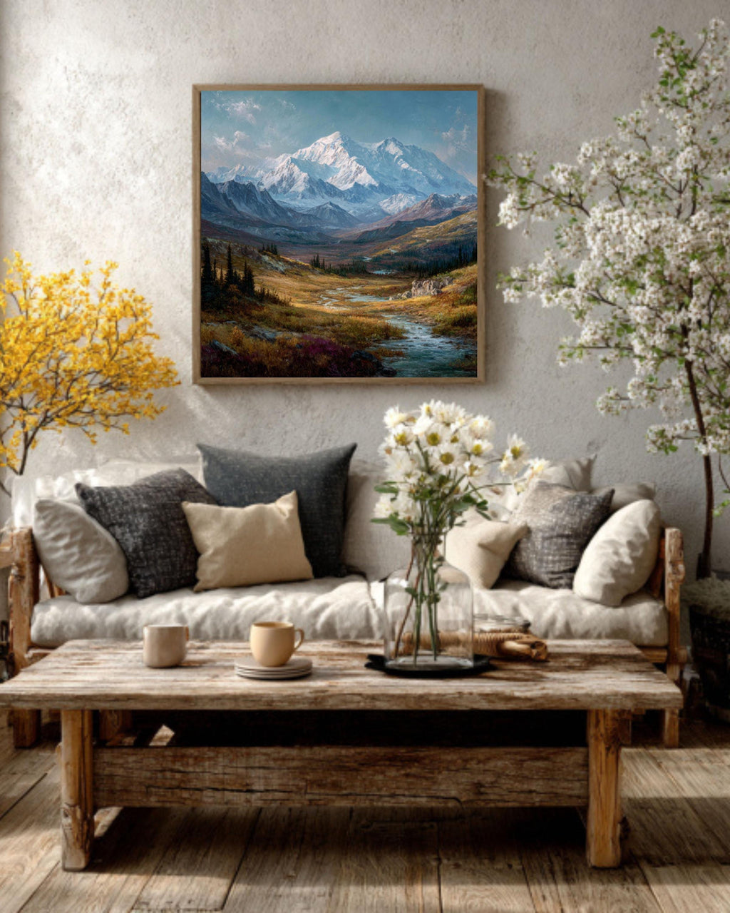 Alaskan Mountain Landscape Painting  Oil & Watercolor Canvas Wall Art