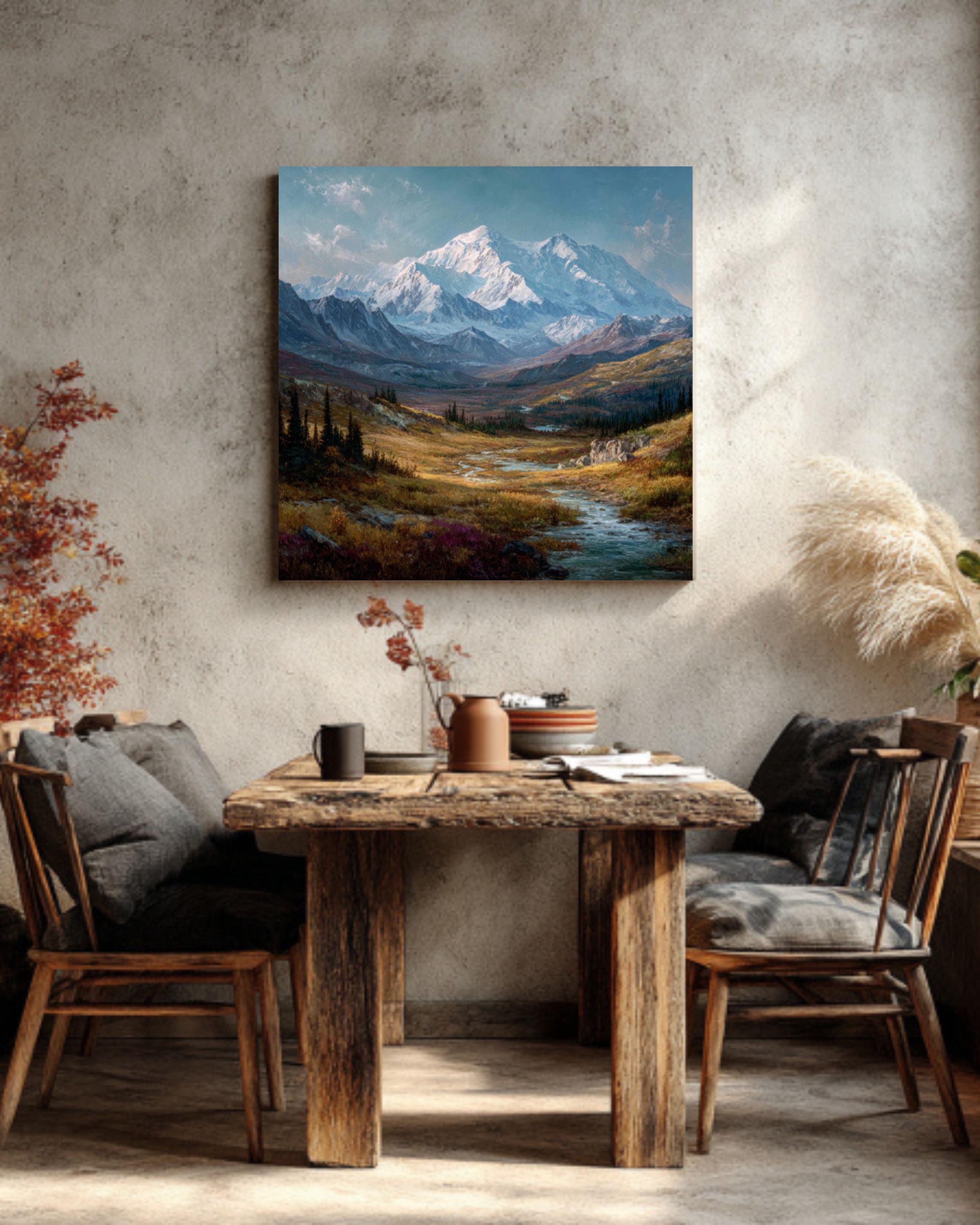 Alaskan Mountain Landscape Painting  Oil & Watercolor Canvas Wall Art