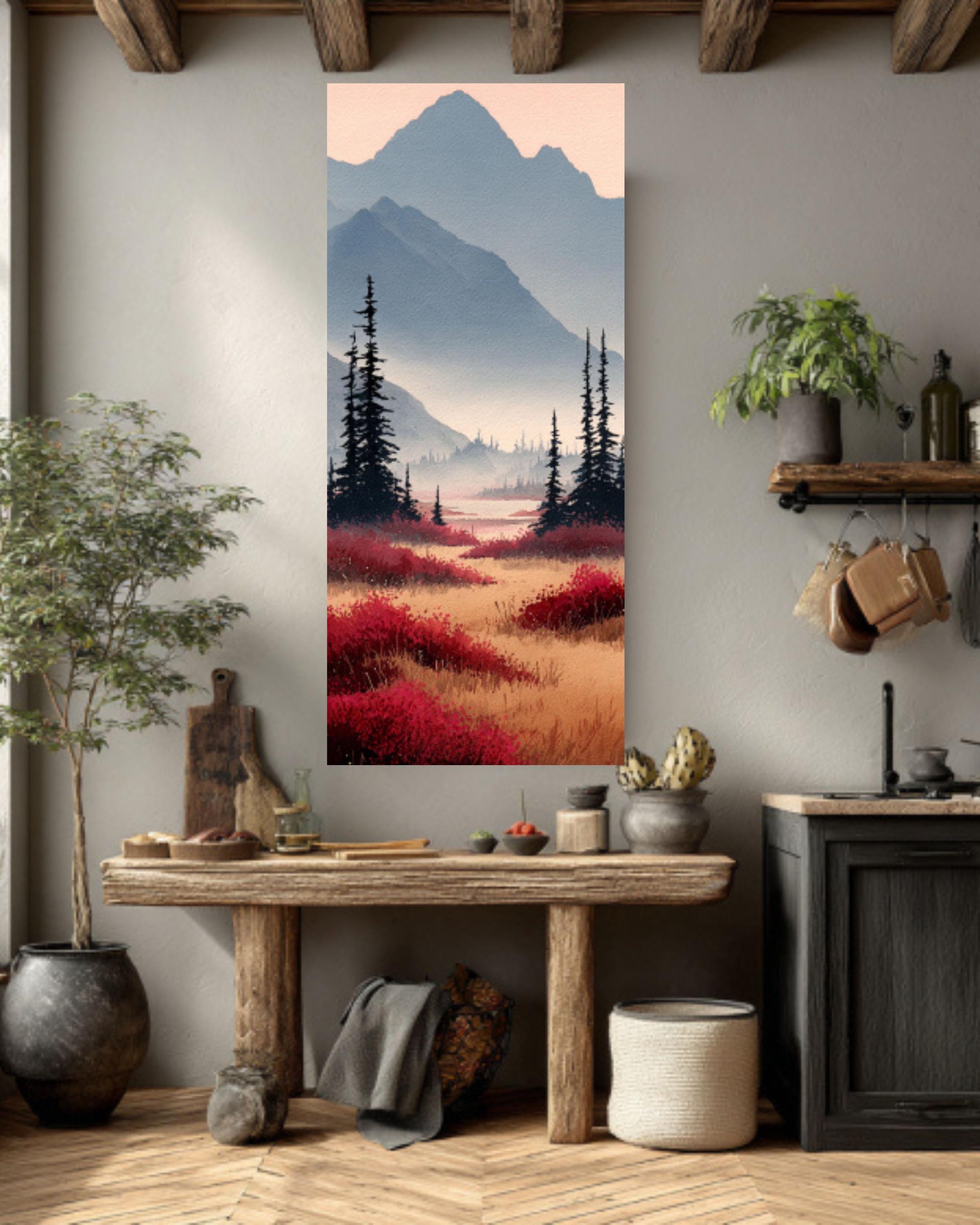 Alaskan Autumn Watercolor Canvas Art  Serene Mountain Landscape