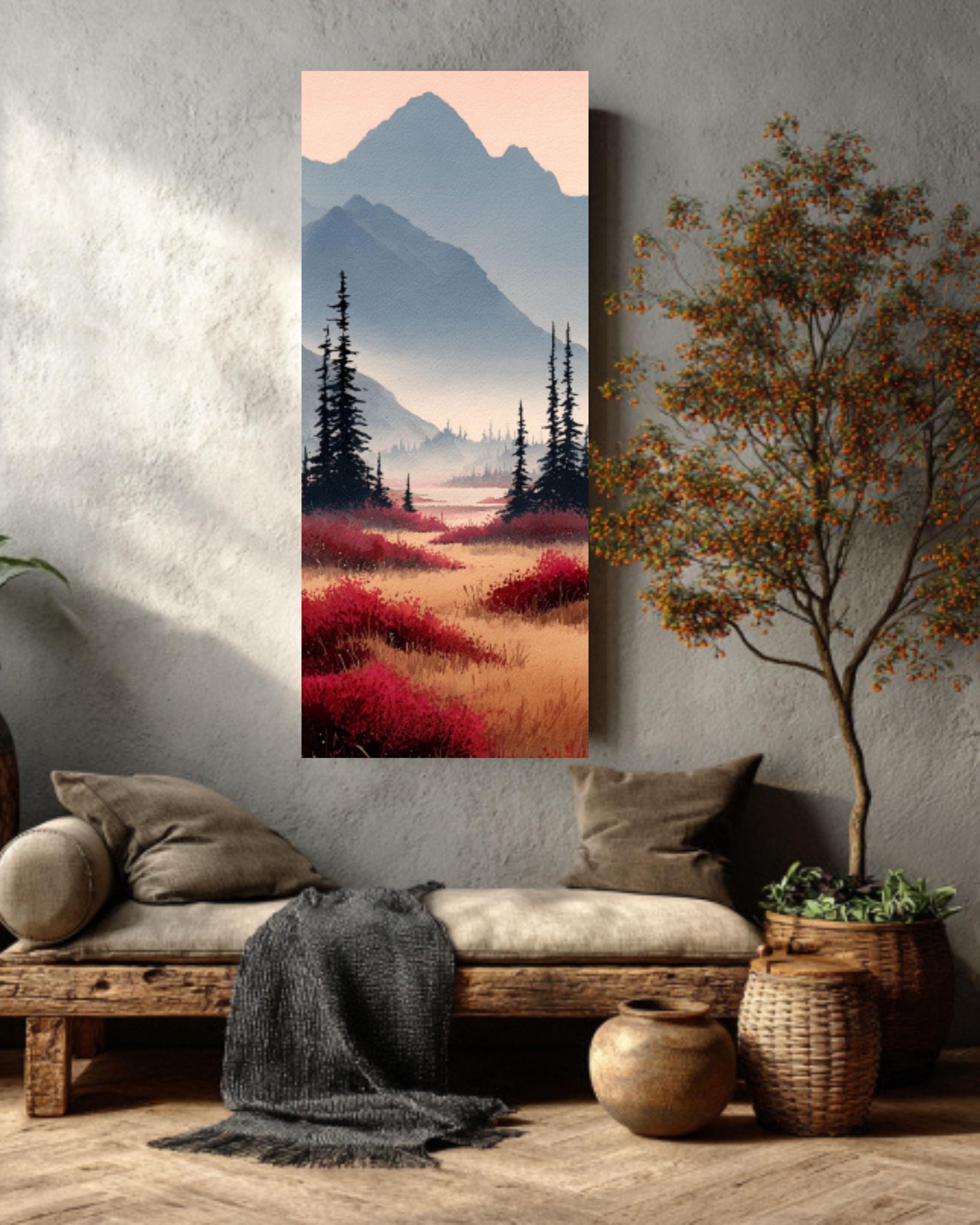 Alaskan Autumn Watercolor Canvas Art  Serene Mountain Landscape