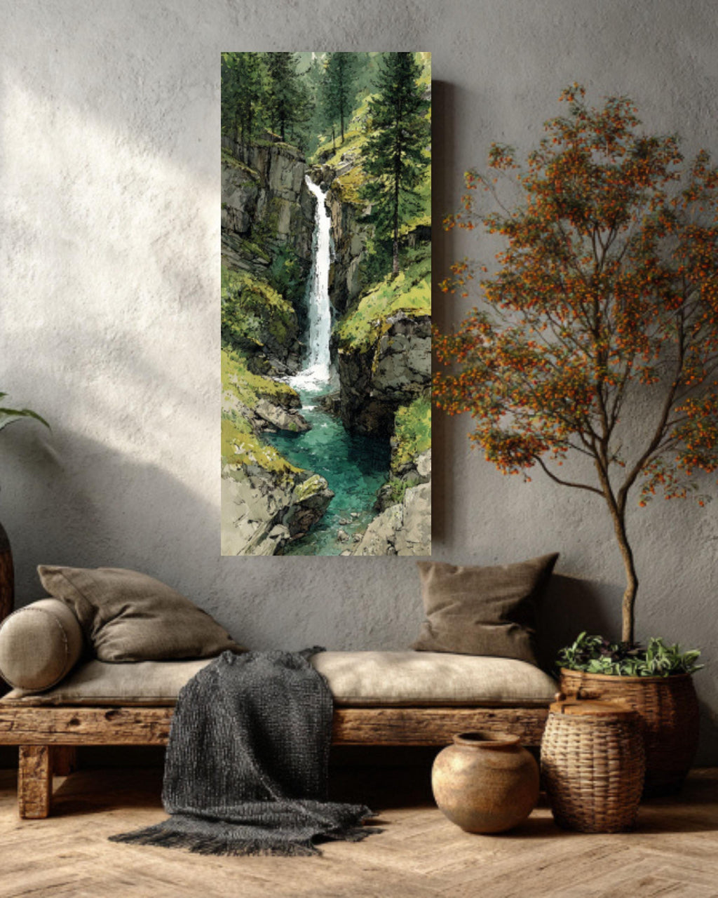 Alpine Waterfall Canvas Print  Watercolor Mountain Nature Scene