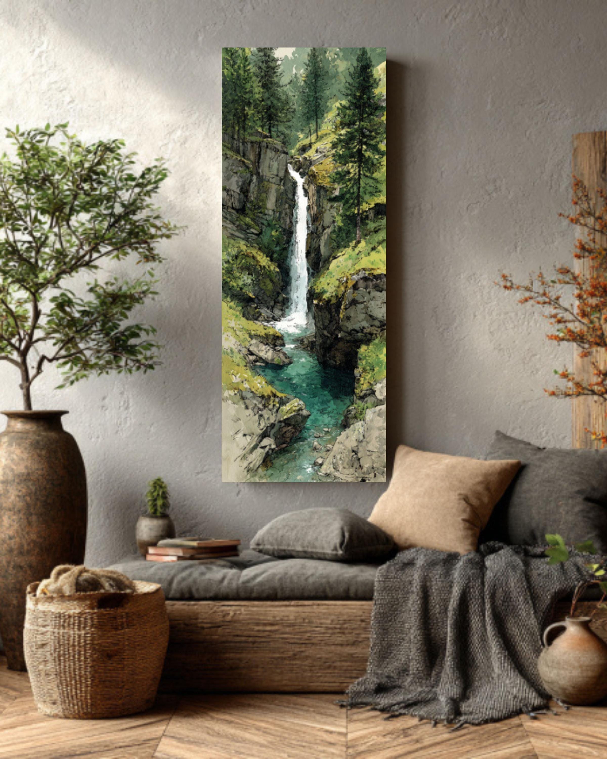 Alpine Waterfall Canvas Print  Watercolor Mountain Nature Scene